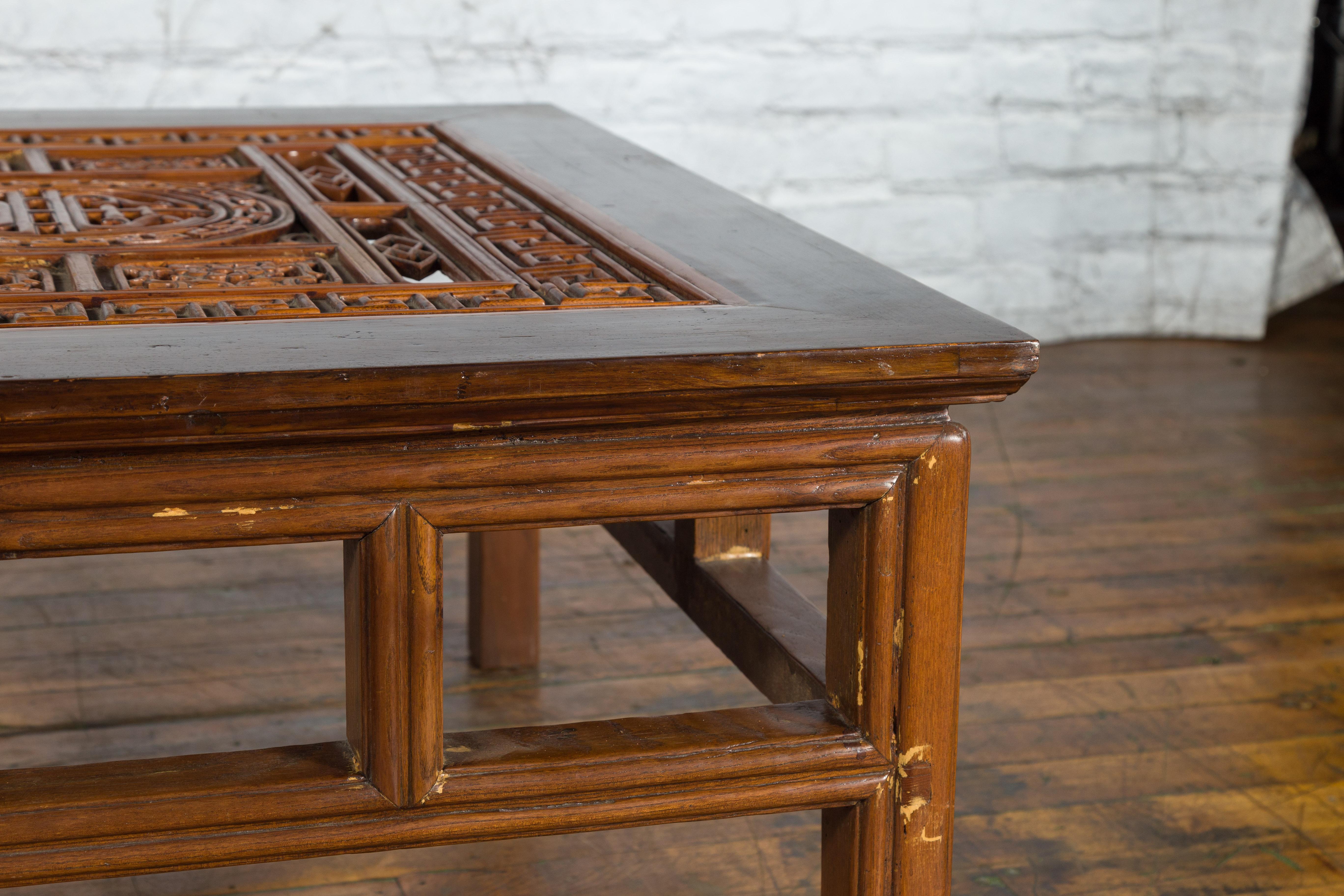 Chinese Qing Dynasty Period 19th Century Coffee Table with Carved Fretwork Top For Sale 1
