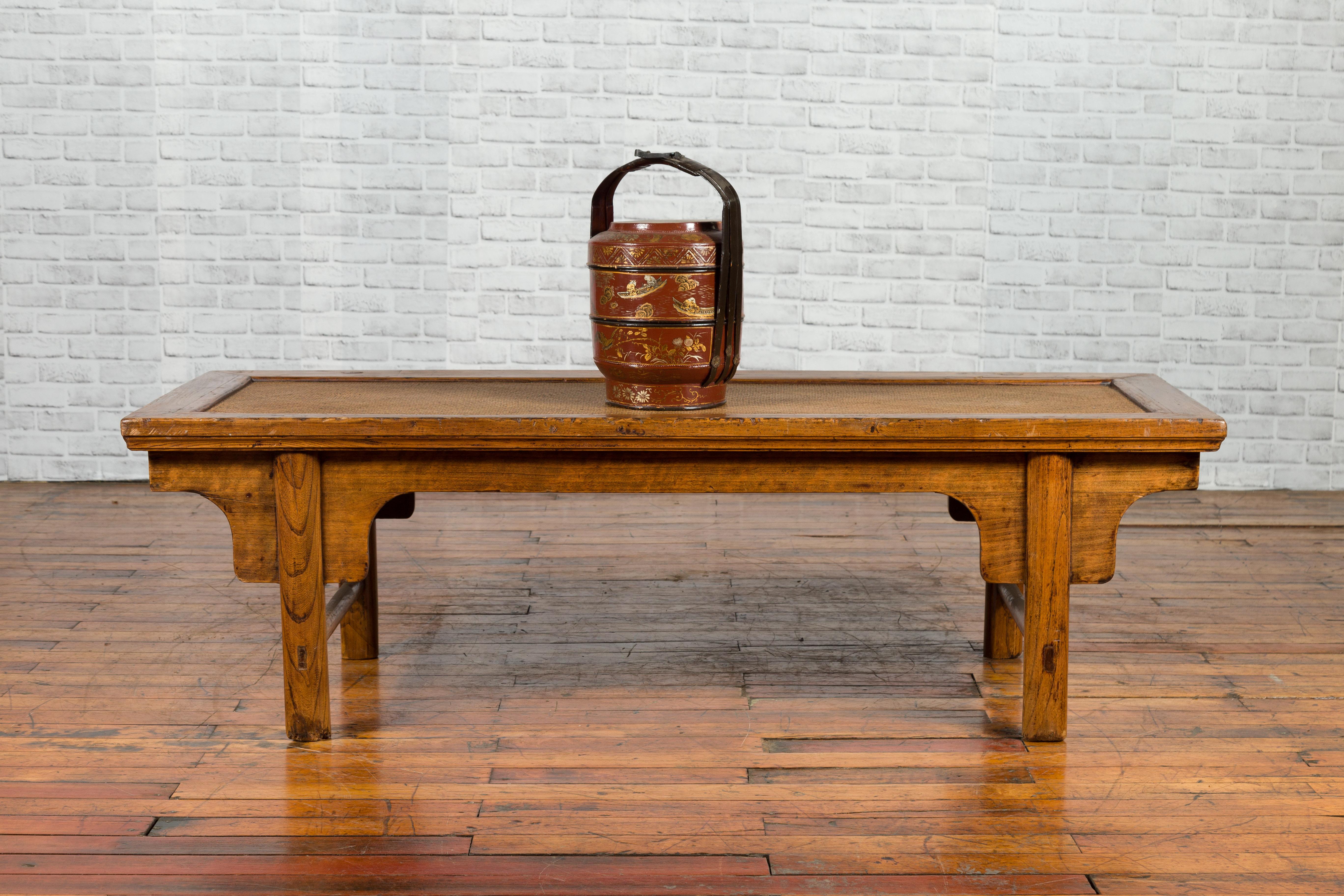Chinese Qing Dynasty Period 19th Century Coffee Table with Woven Rattan Top 1