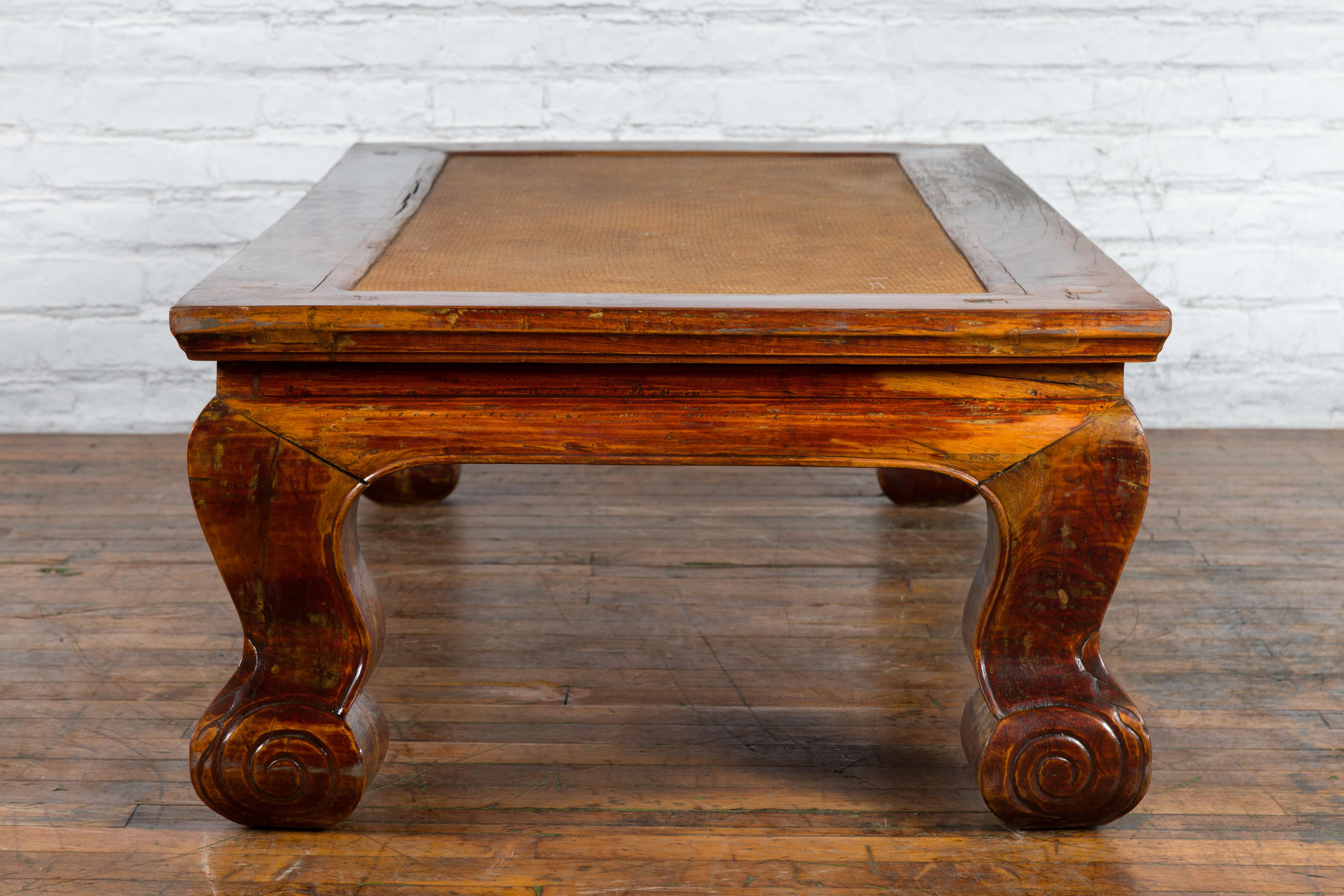 Chinese Qing Dynasty Period 19th Century Elm Coffee Table with Rattan Top For Sale 11