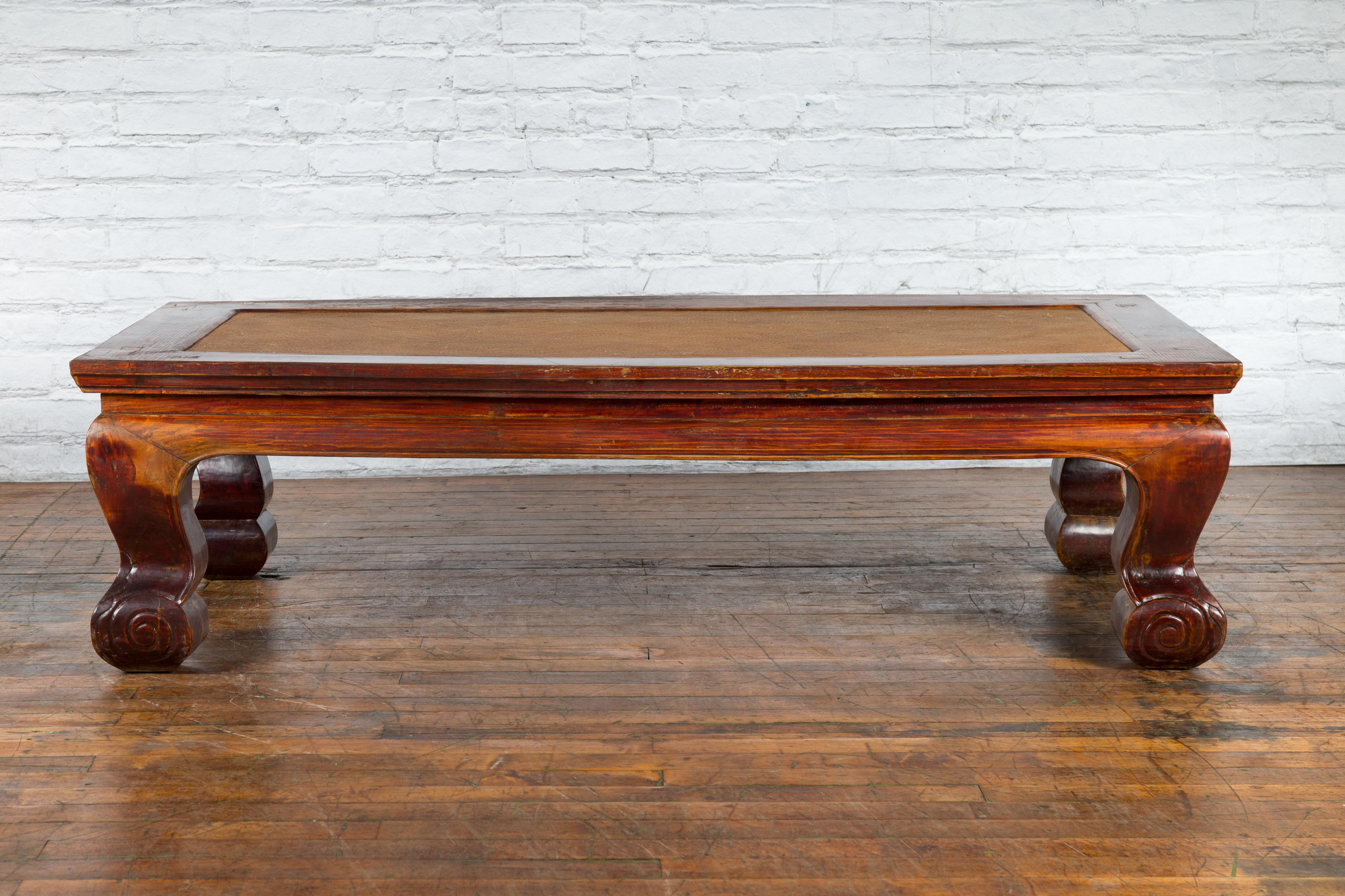 Chinese Qing Dynasty Period 19th Century Elm Coffee Table with Rattan Top In Good Condition For Sale In Yonkers, NY