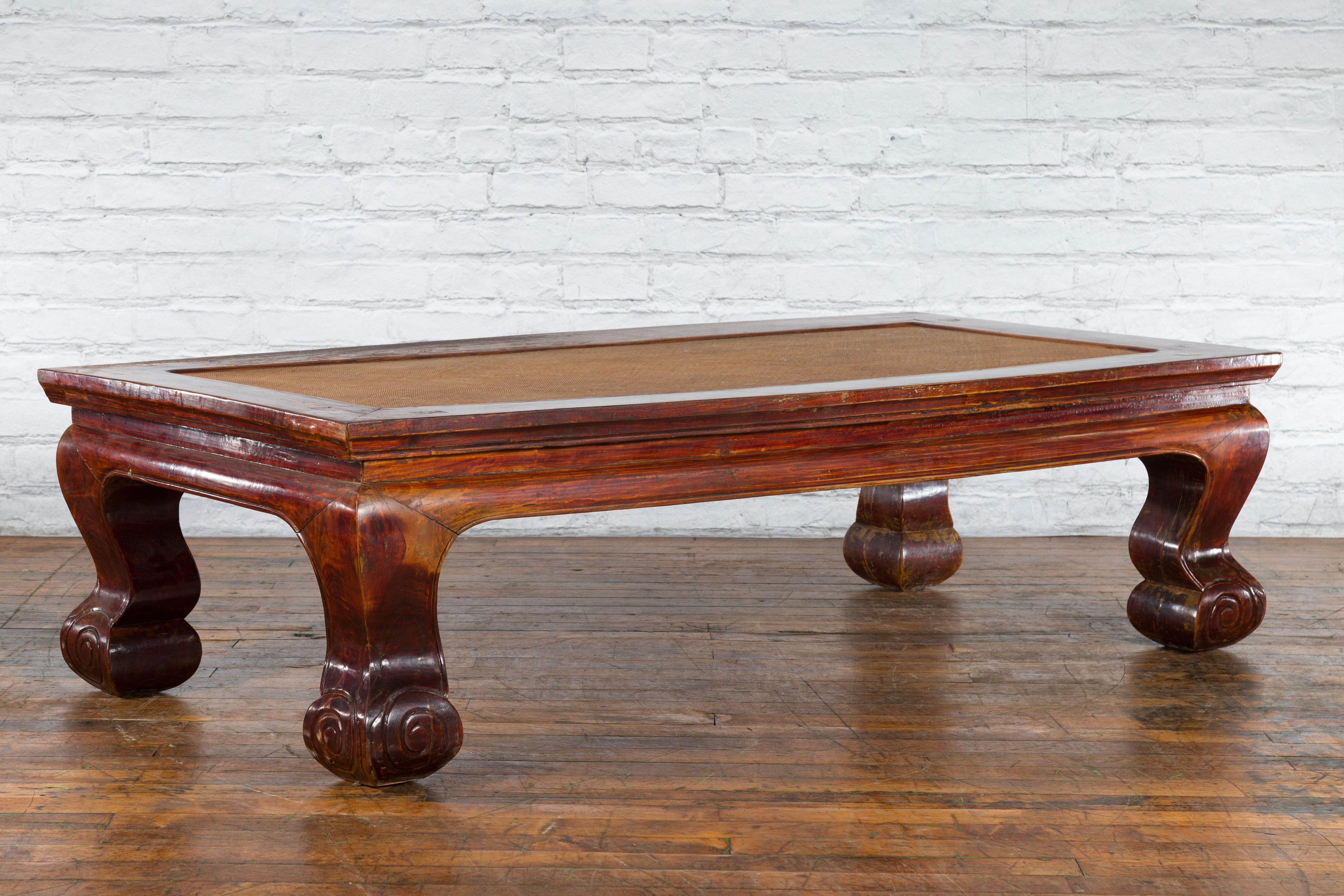 Chinese Qing Dynasty Period 19th Century Elm Coffee Table with Rattan Top For Sale 1