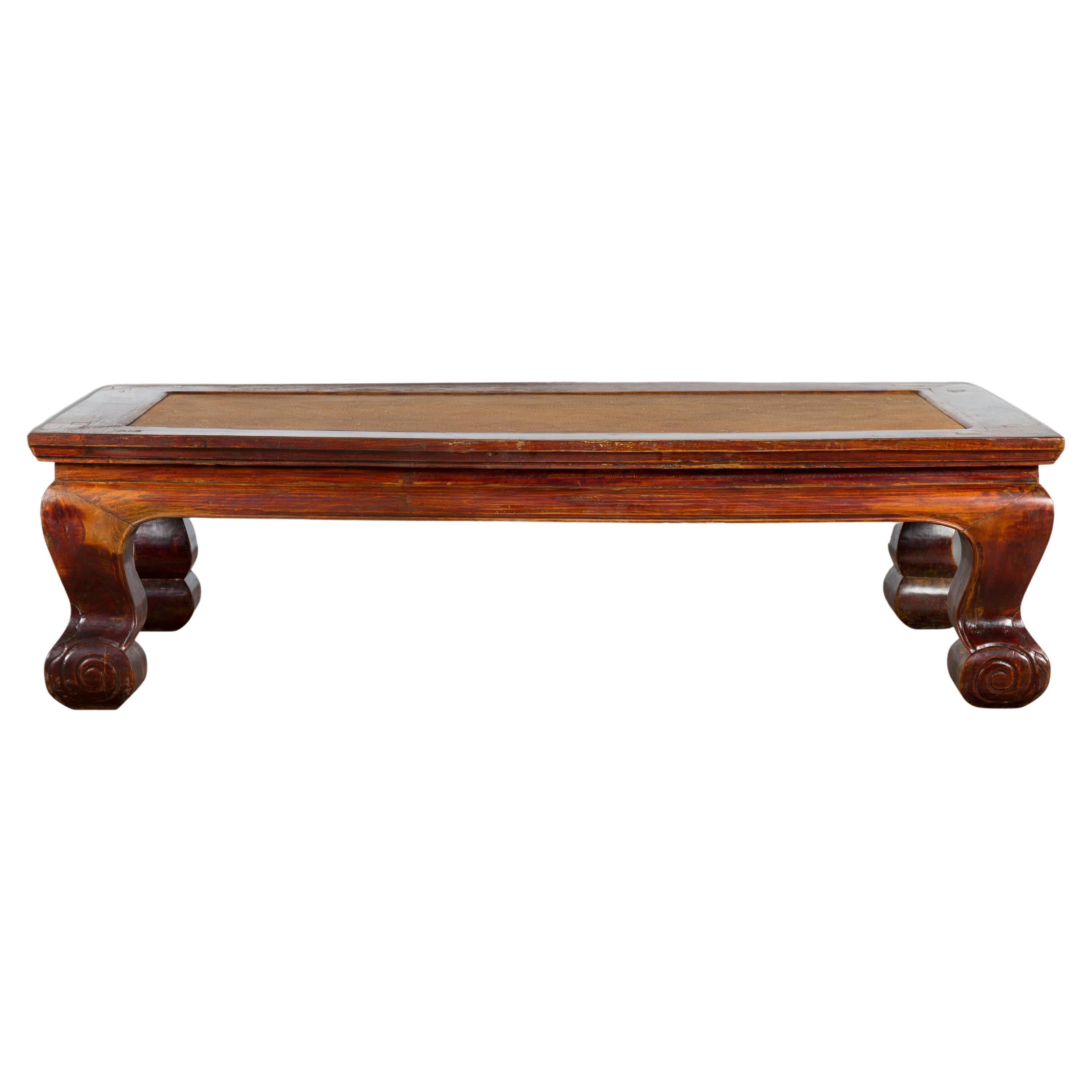 Chinese Qing Dynasty Period 19th Century Elm Coffee Table with Rattan Top For Sale