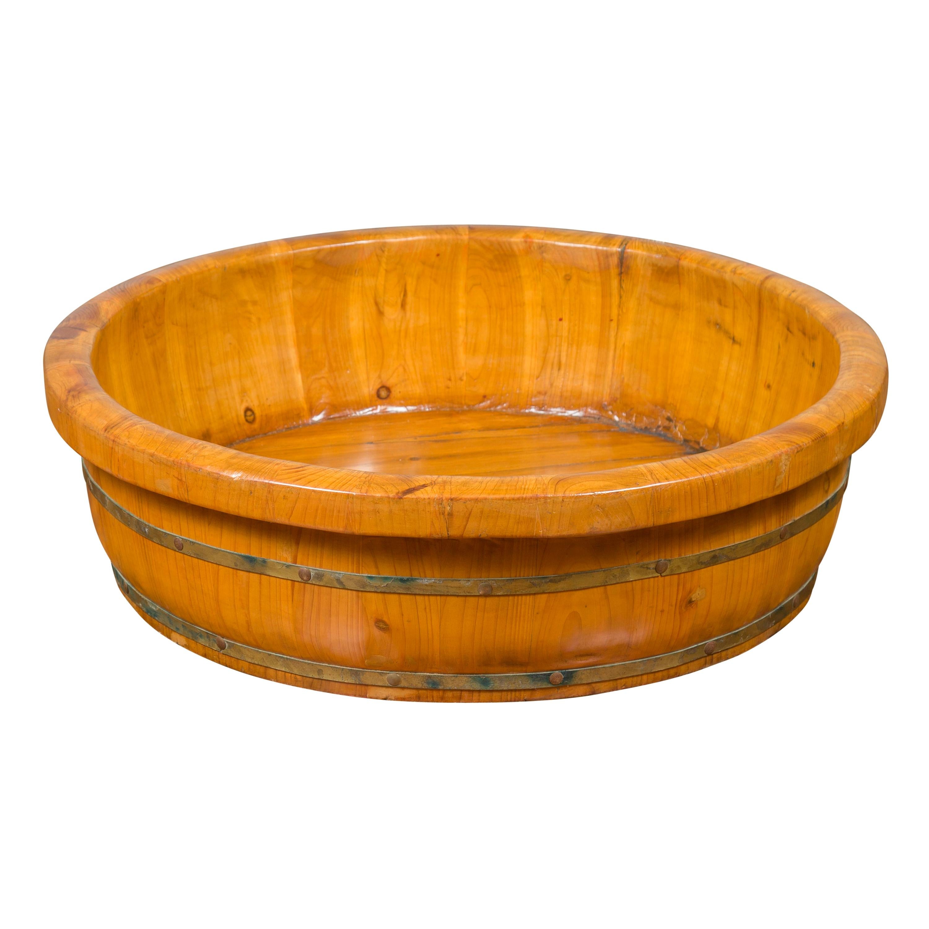Qing Dynasty Period 19th Century Elm Round Rice Tray with Brass Braces