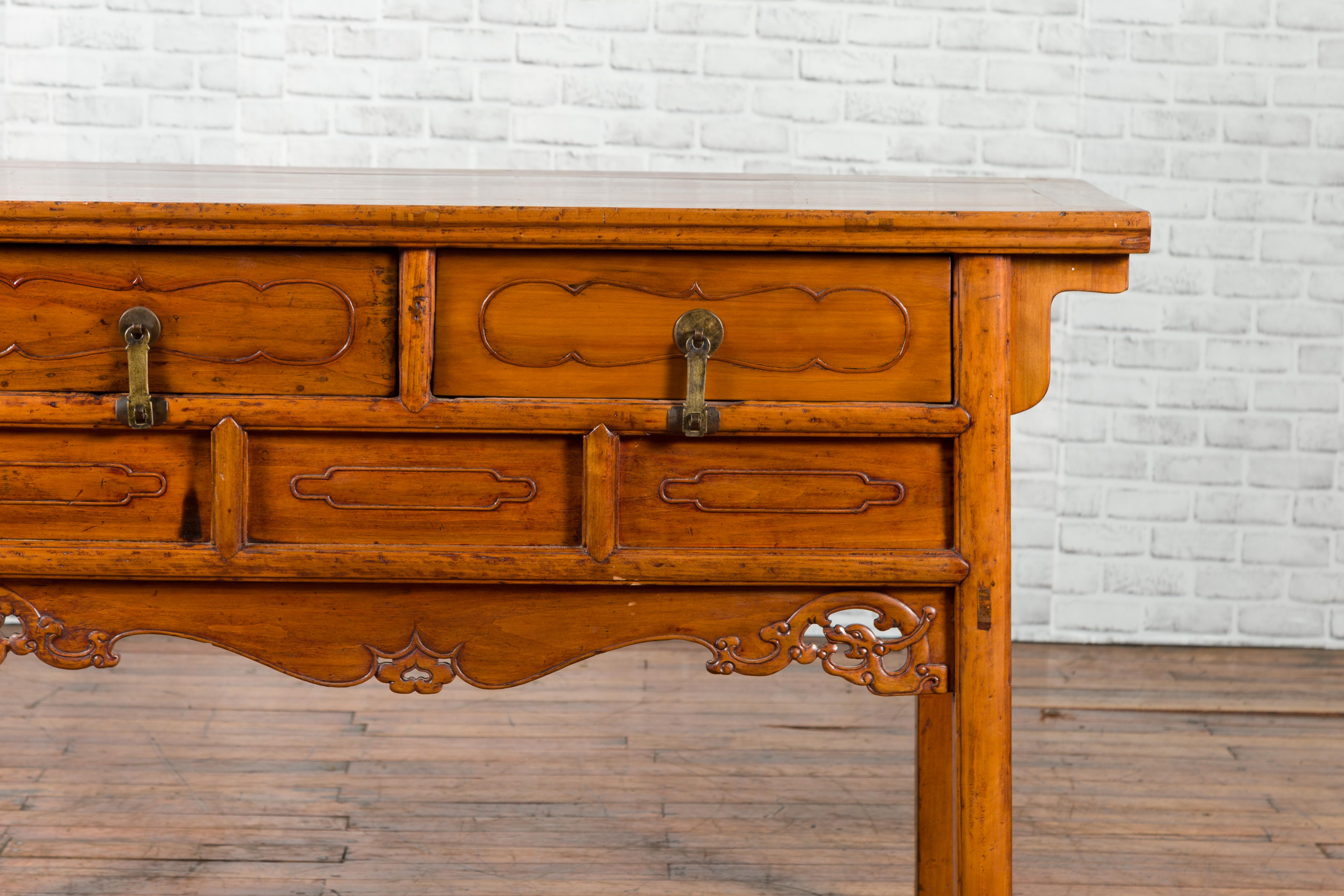 Chinese Qing Dynasty Period 19th Century Elm Sideboard with Dragon Carved Apron For Sale 4