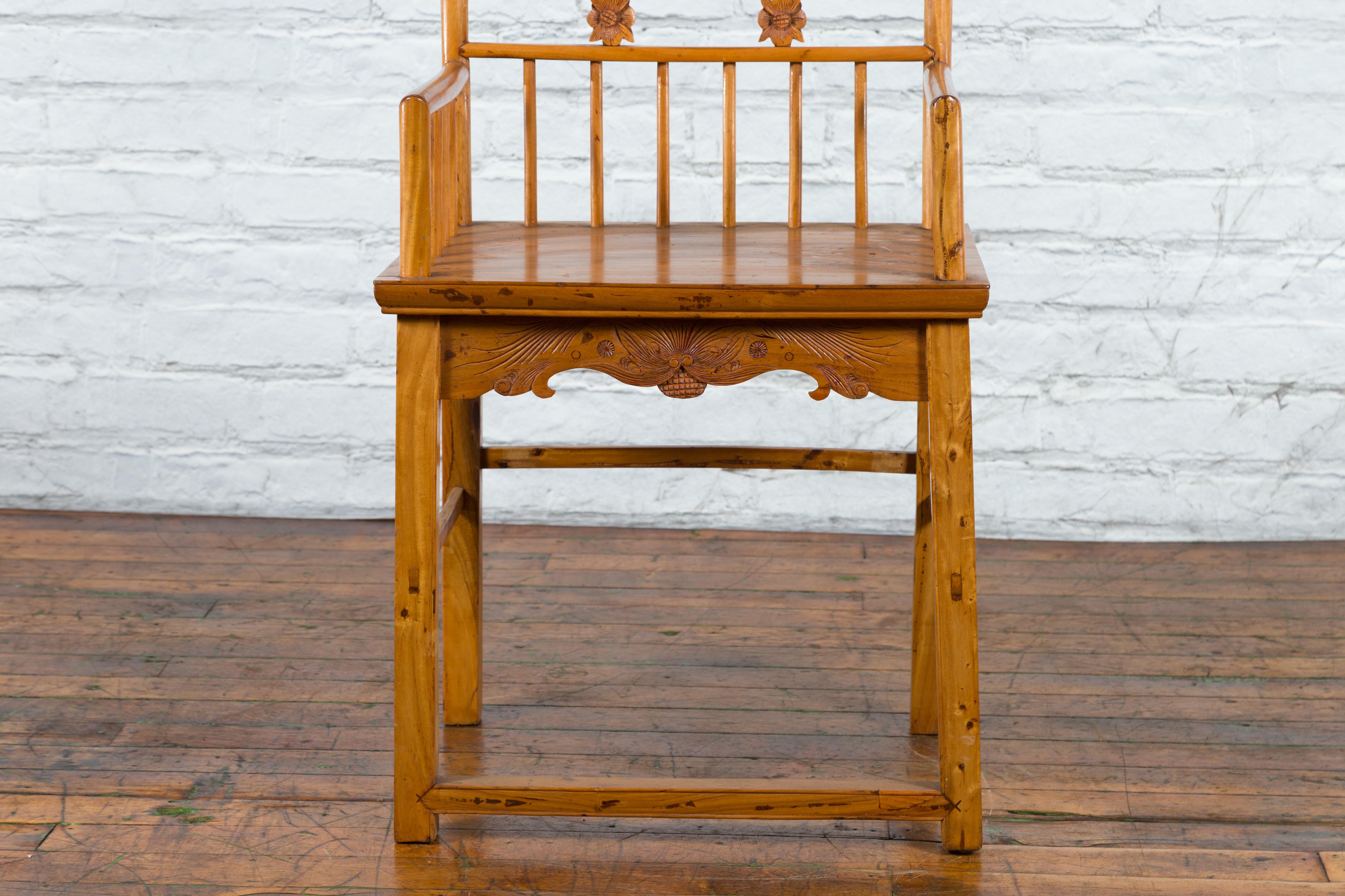 Chinese Qing Dynasty Period 19th Century Elmwood Armchair with Hand-Carved Apron For Sale 9