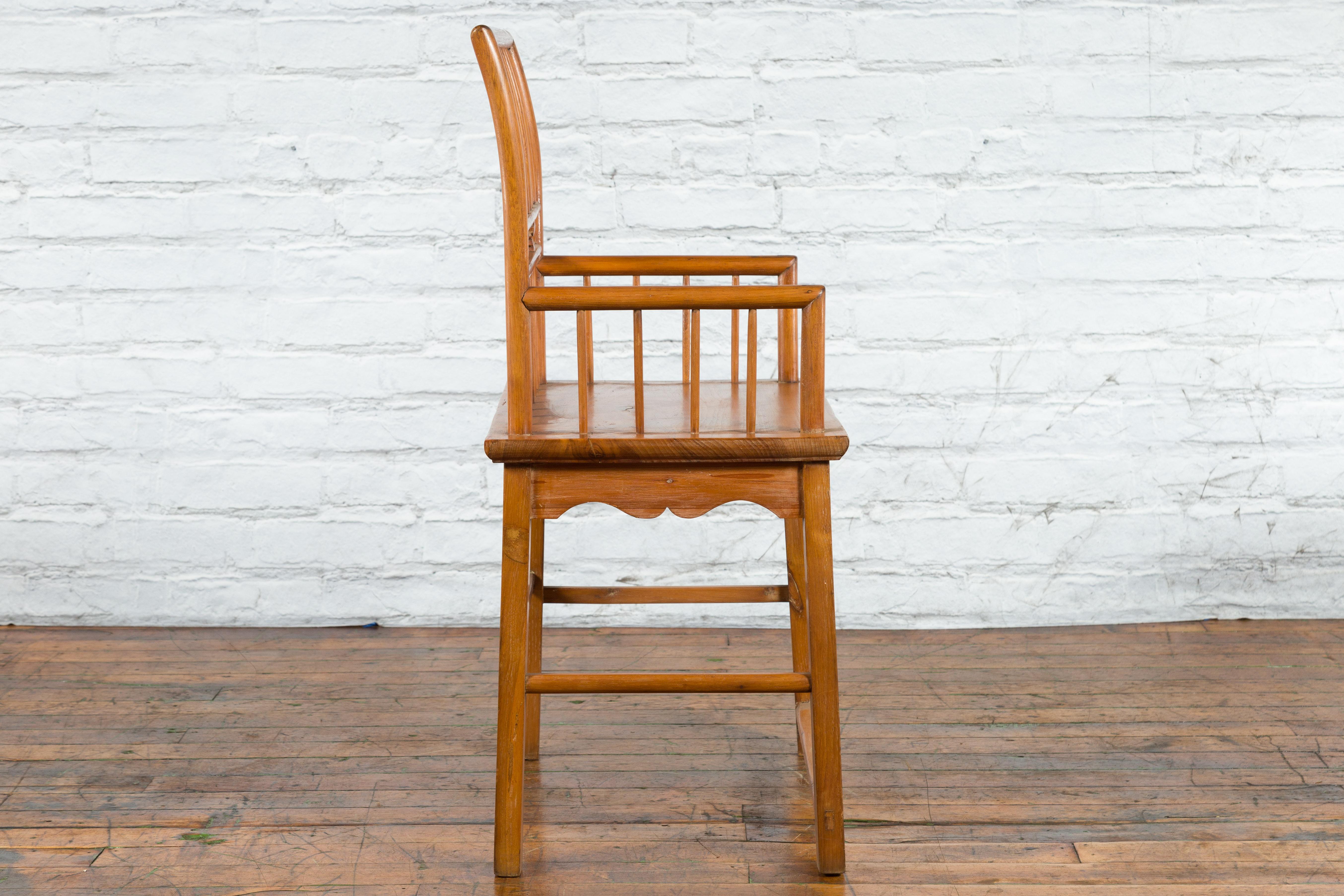Chinese Qing Dynasty Period 19th Century Elmwood Armchair with Hand-Carved Apron For Sale 11
