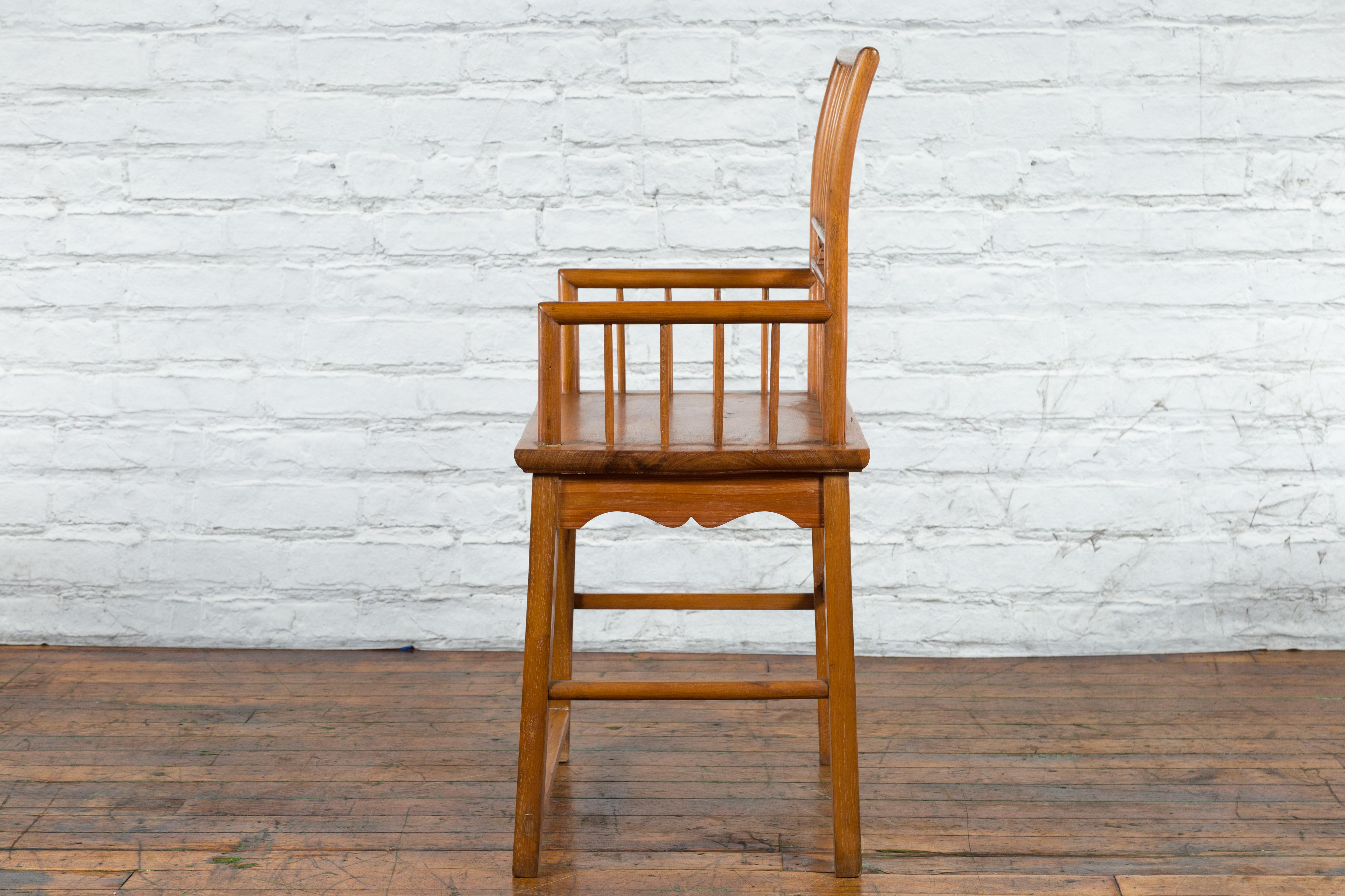 Chinese Qing Dynasty Period 19th Century Elmwood Armchair with Hand-Carved Apron For Sale 13