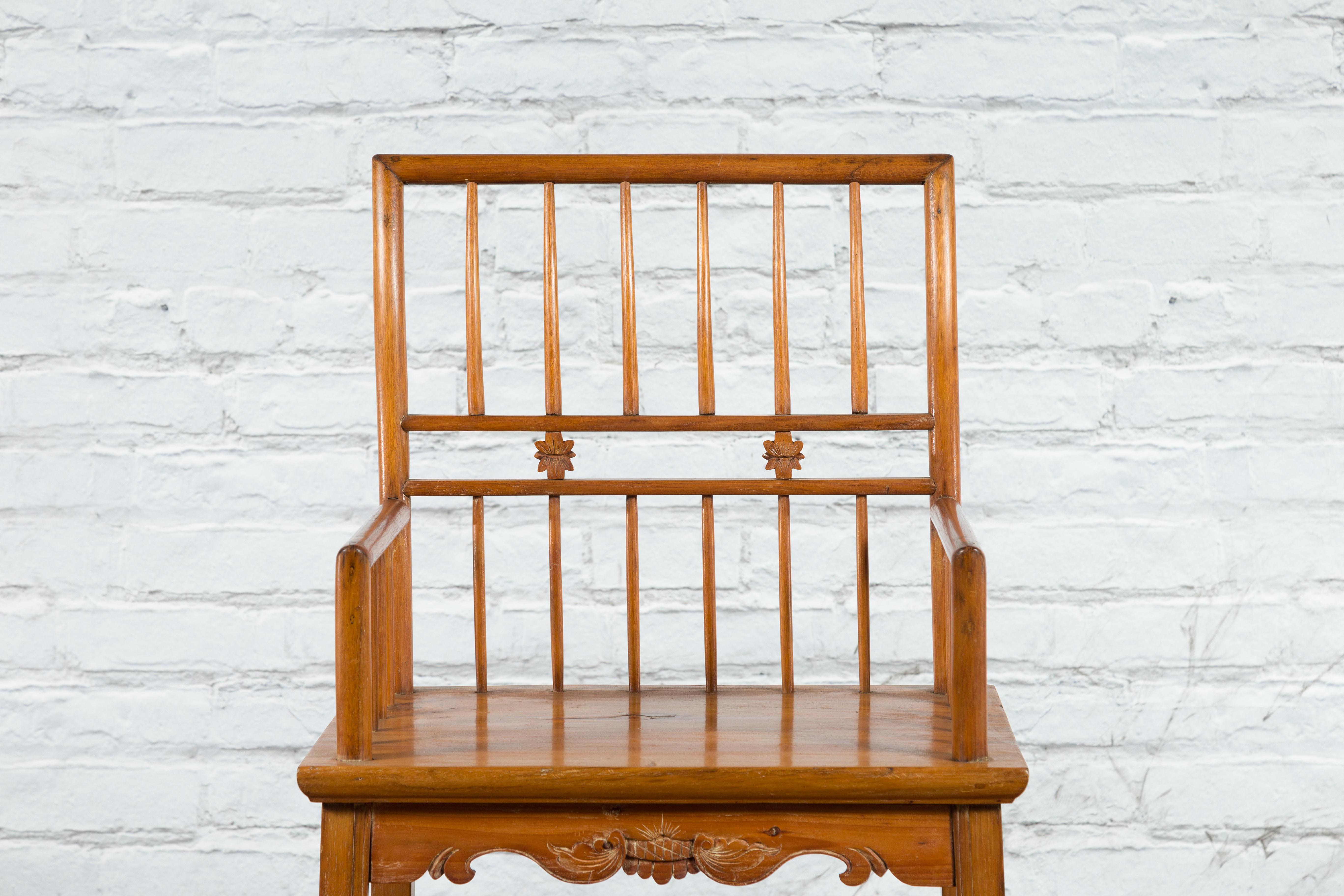 Chinese Qing Dynasty Period 19th Century Elmwood Armchair with Hand-Carved Apron For Sale 1