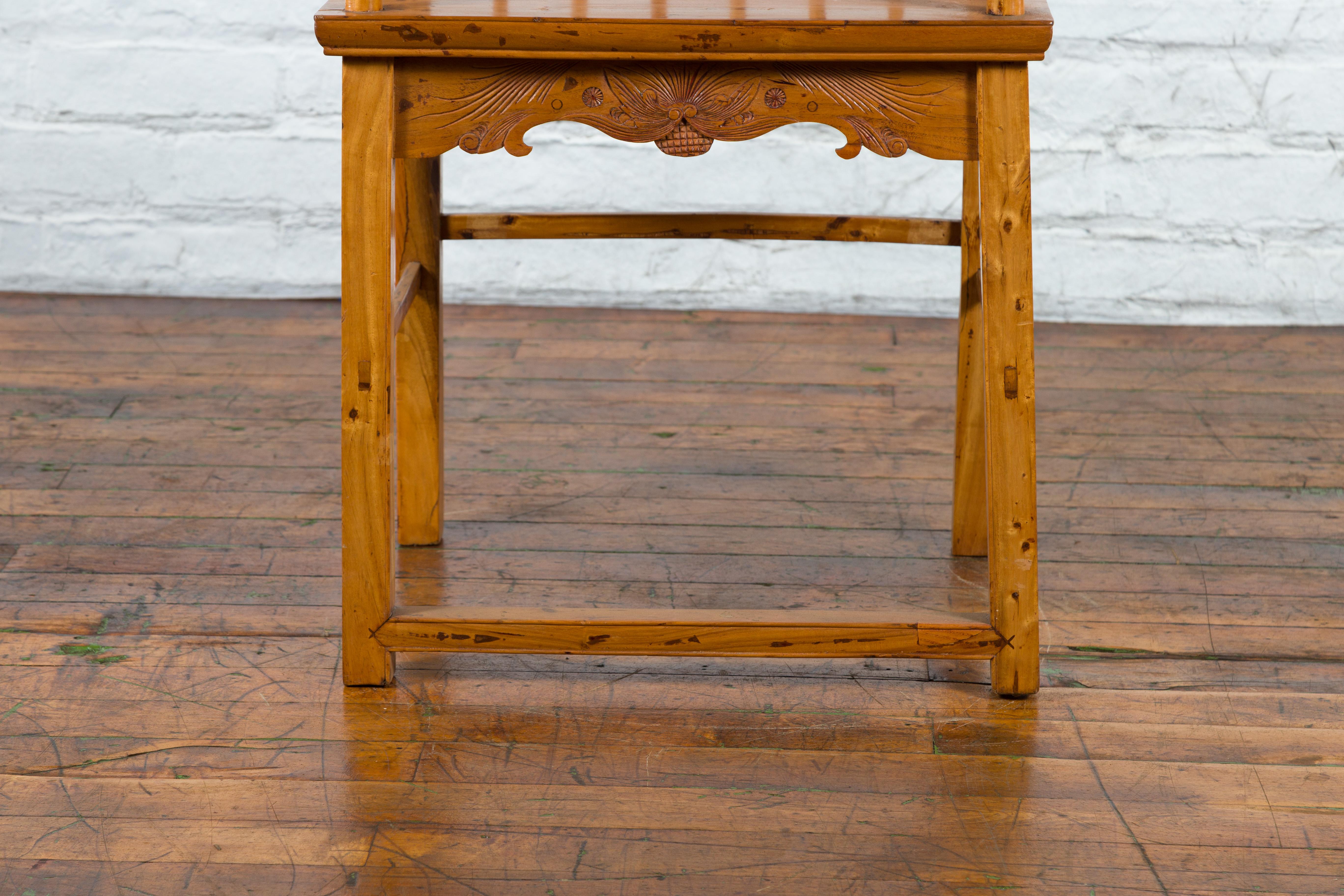 Chinese Qing Dynasty Period 19th Century Elmwood Armchair with Hand-Carved Apron For Sale 6