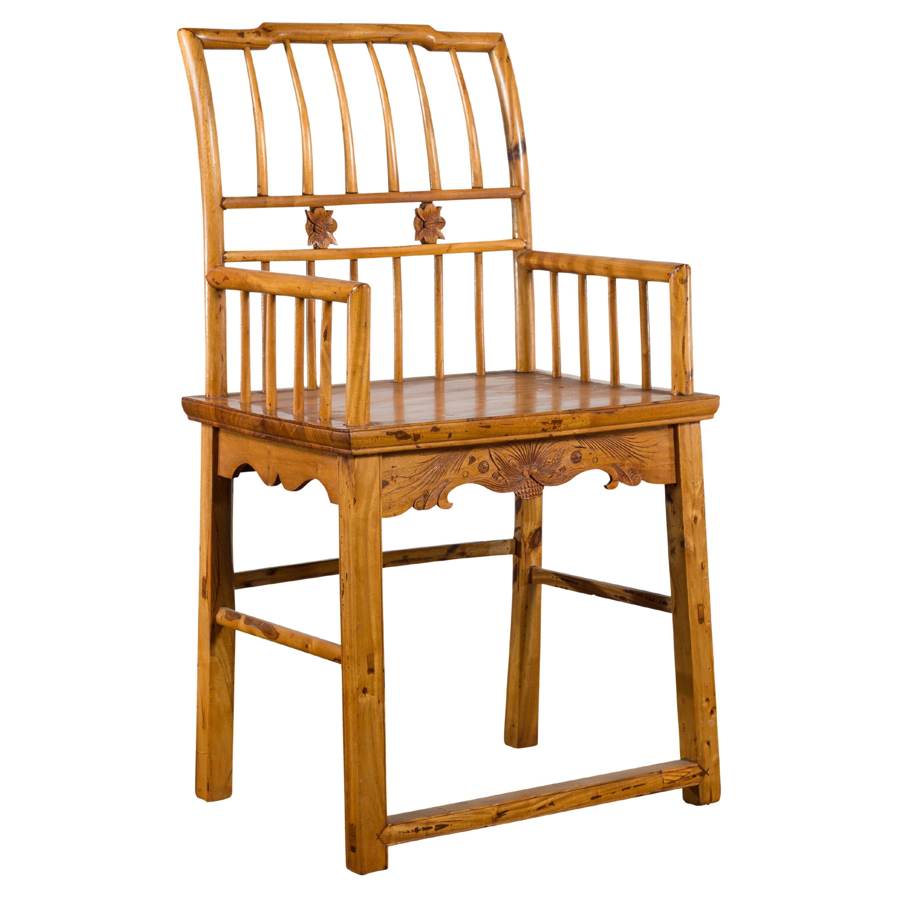 Chinese Qing Dynasty Period 19th Century Elmwood Armchair with Hand-Carved Apron For Sale