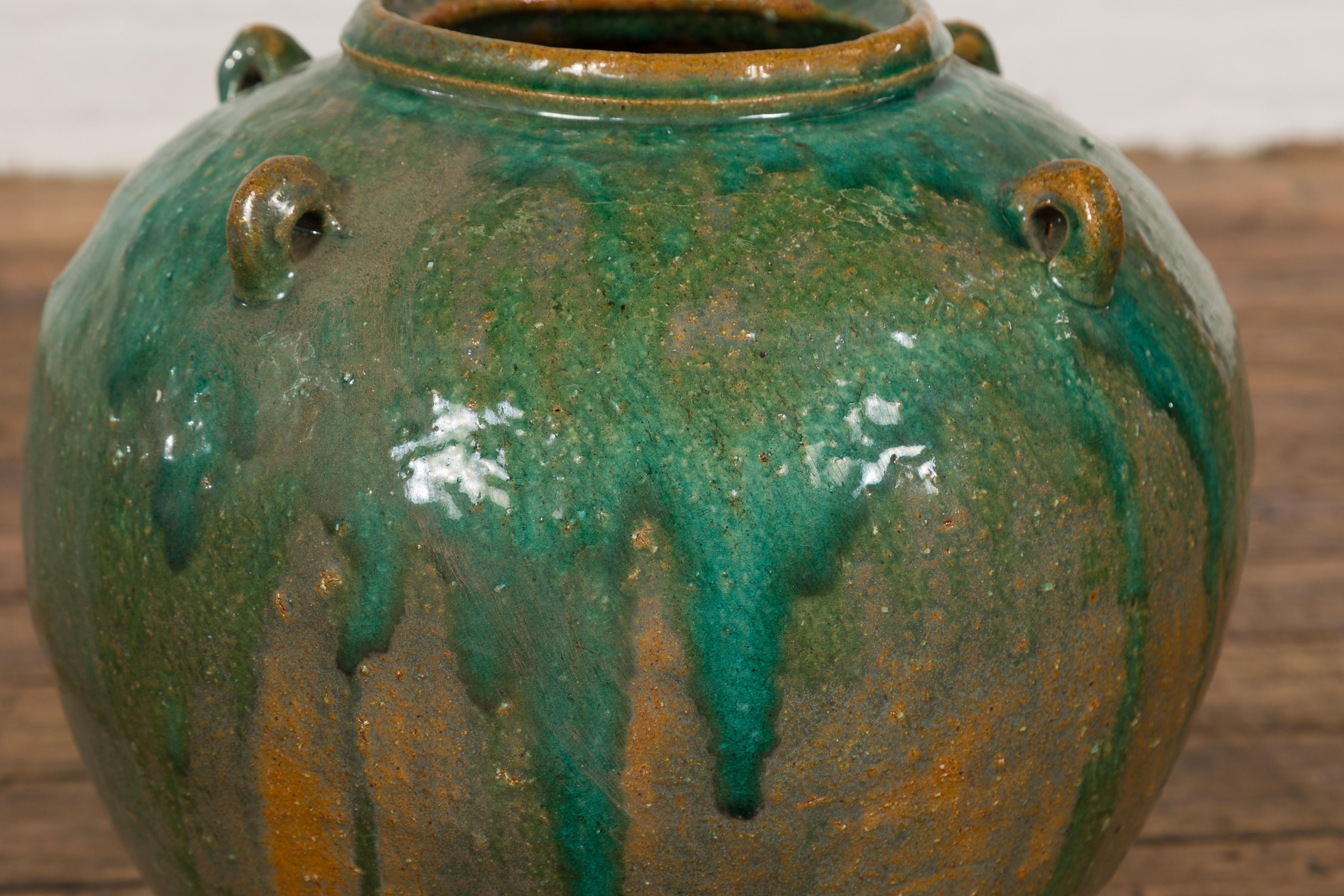 Orange & Brown Antique Jar with Green Drips  For Sale 2