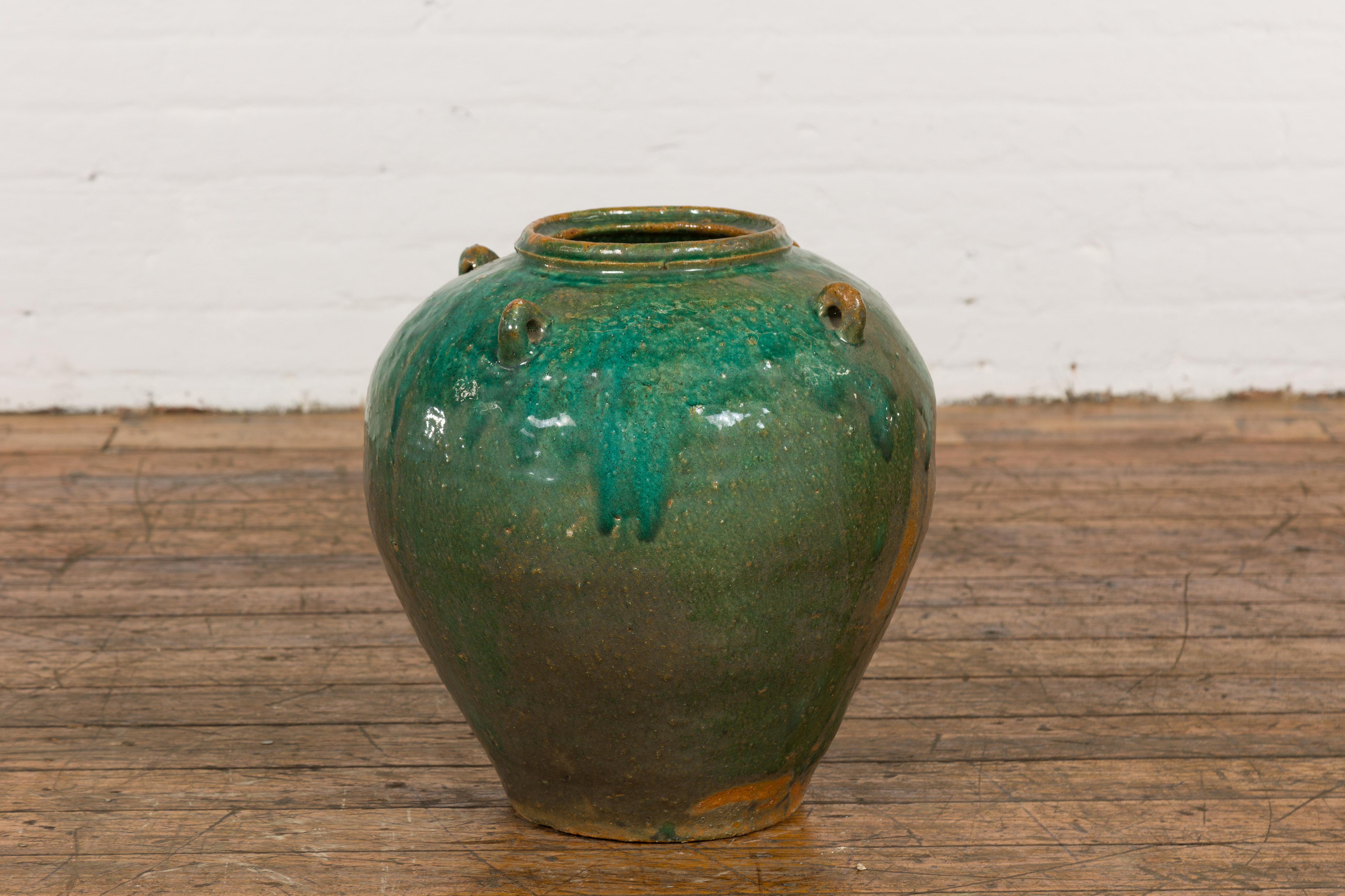 Orange & Brown Antique Jar with Green Drips  For Sale 6