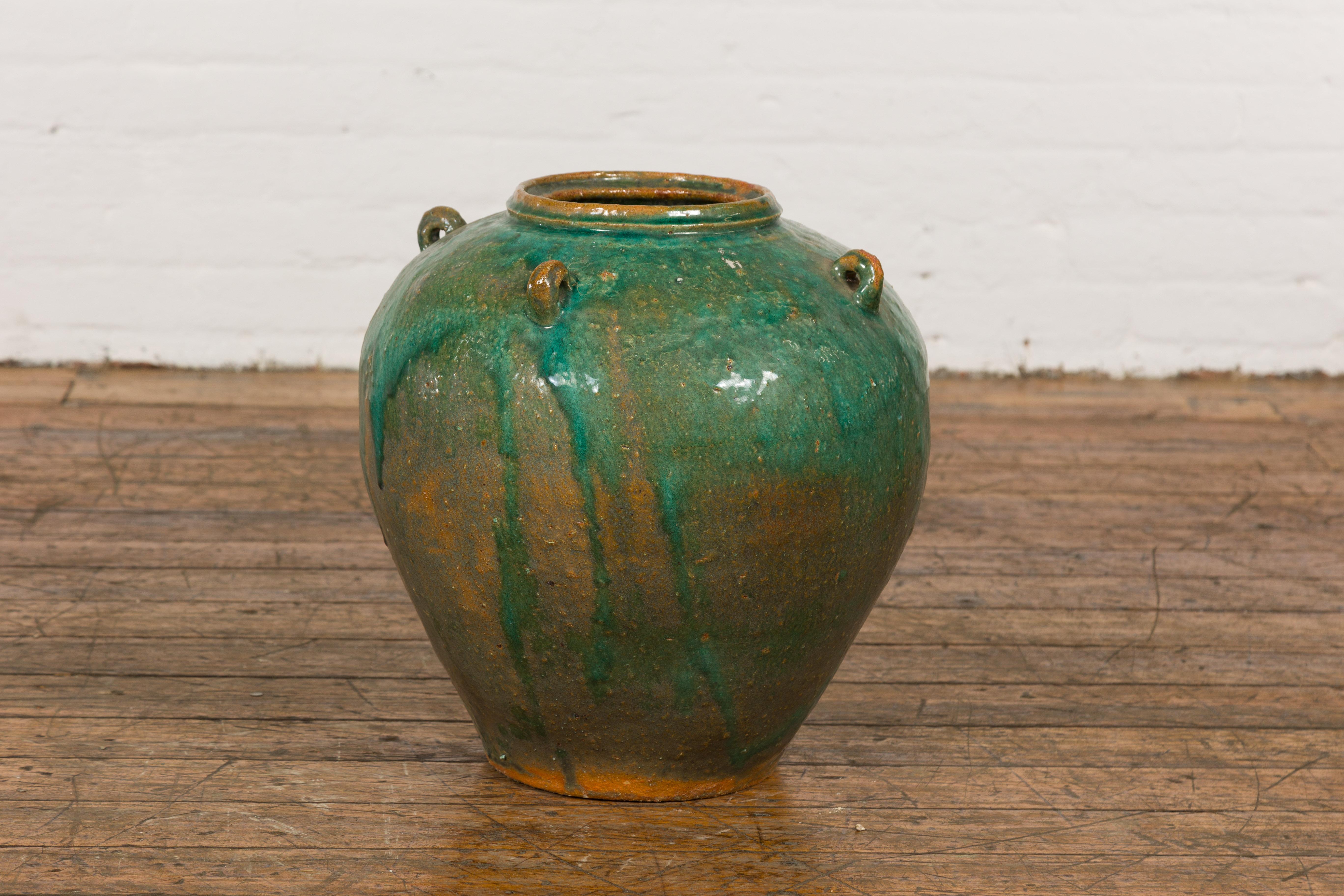 Orange & Brown Antique Jar with Green Drips  For Sale 8