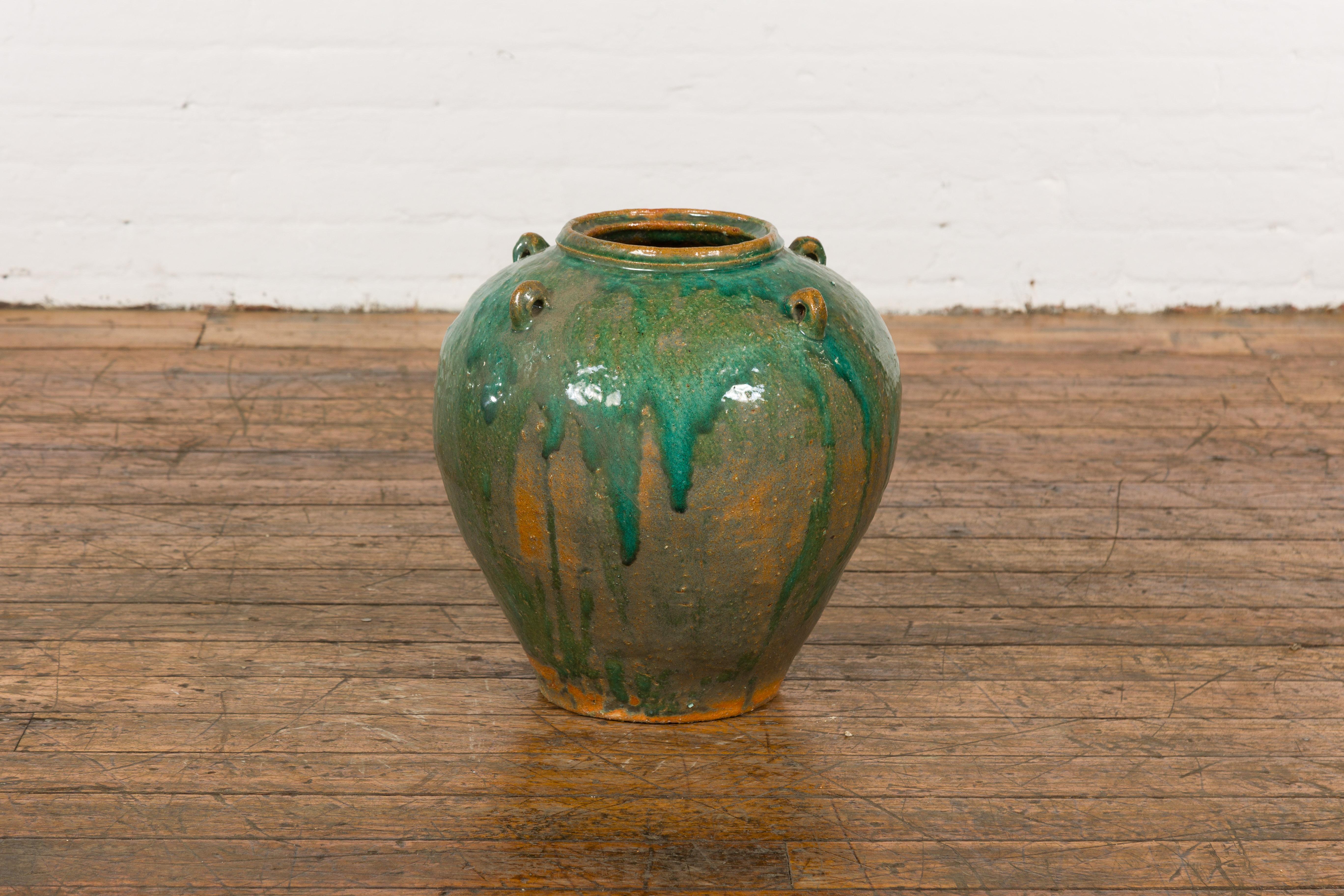 Chinese Orange & Brown Antique Jar with Green Drips  For Sale