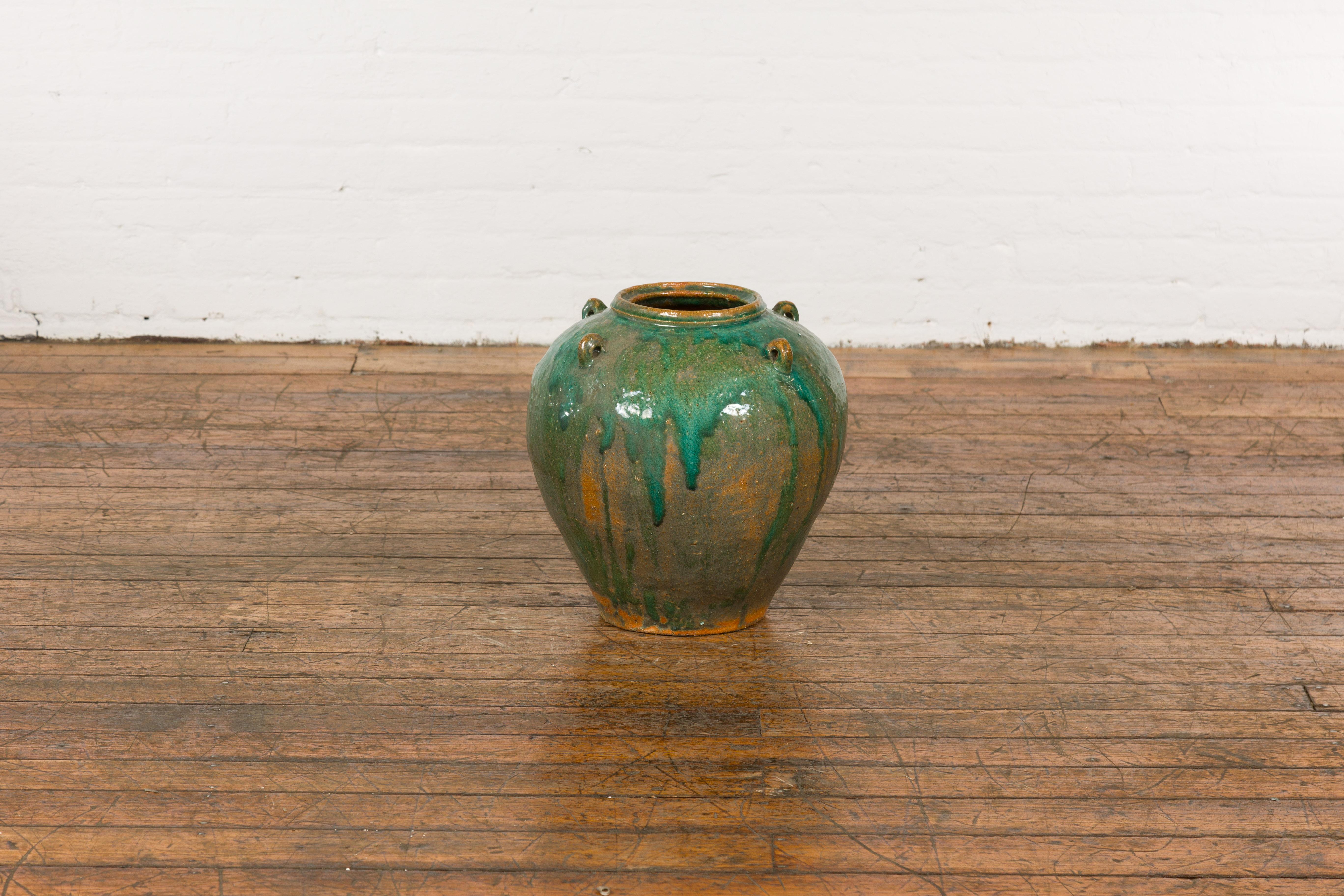 Glazed Orange & Brown Antique Jar with Green Drips  For Sale