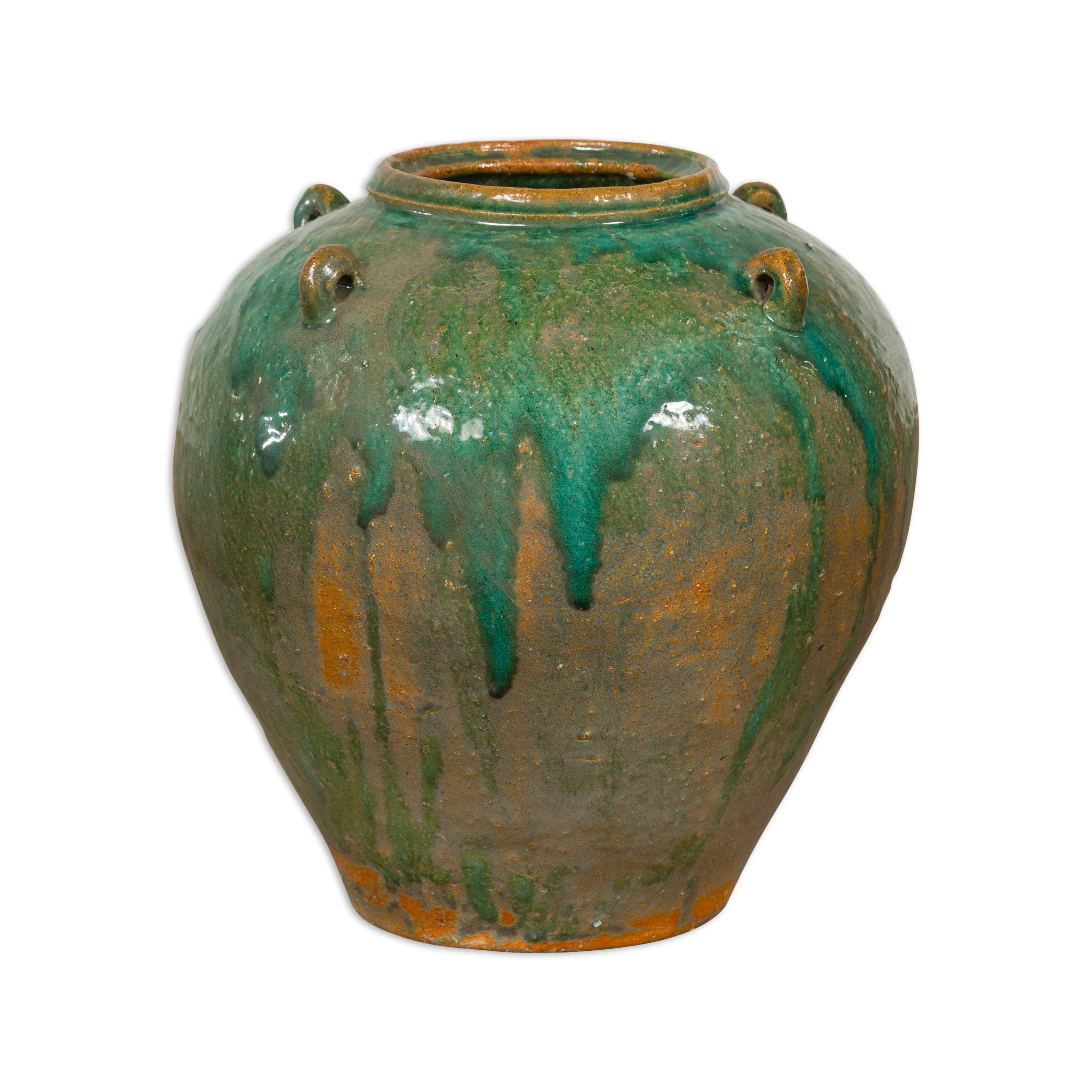 Orange & Brown Antique Jar with Green Drips  In Good Condition For Sale In Yonkers, NY