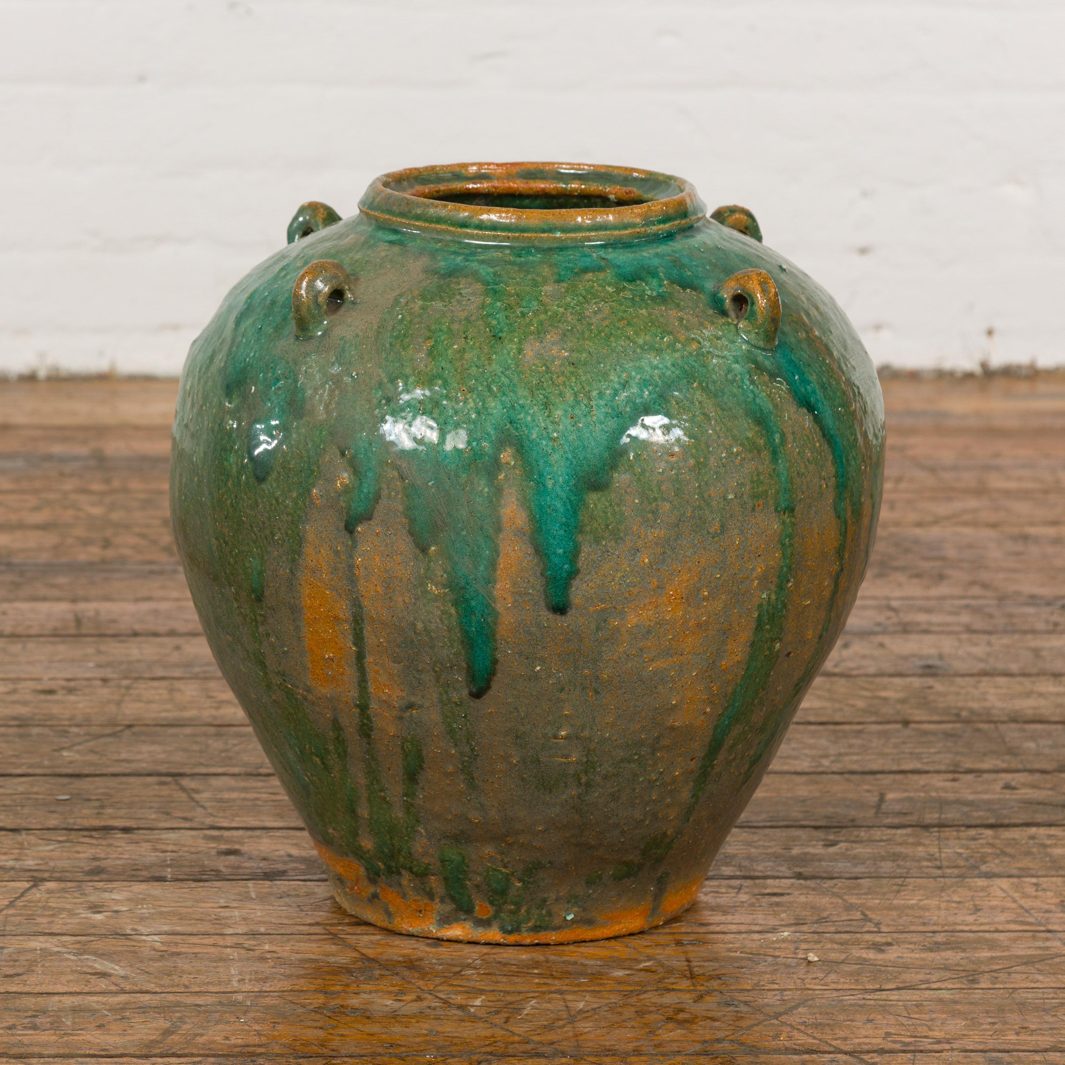 19th Century Orange & Brown Antique Jar with Green Drips  For Sale