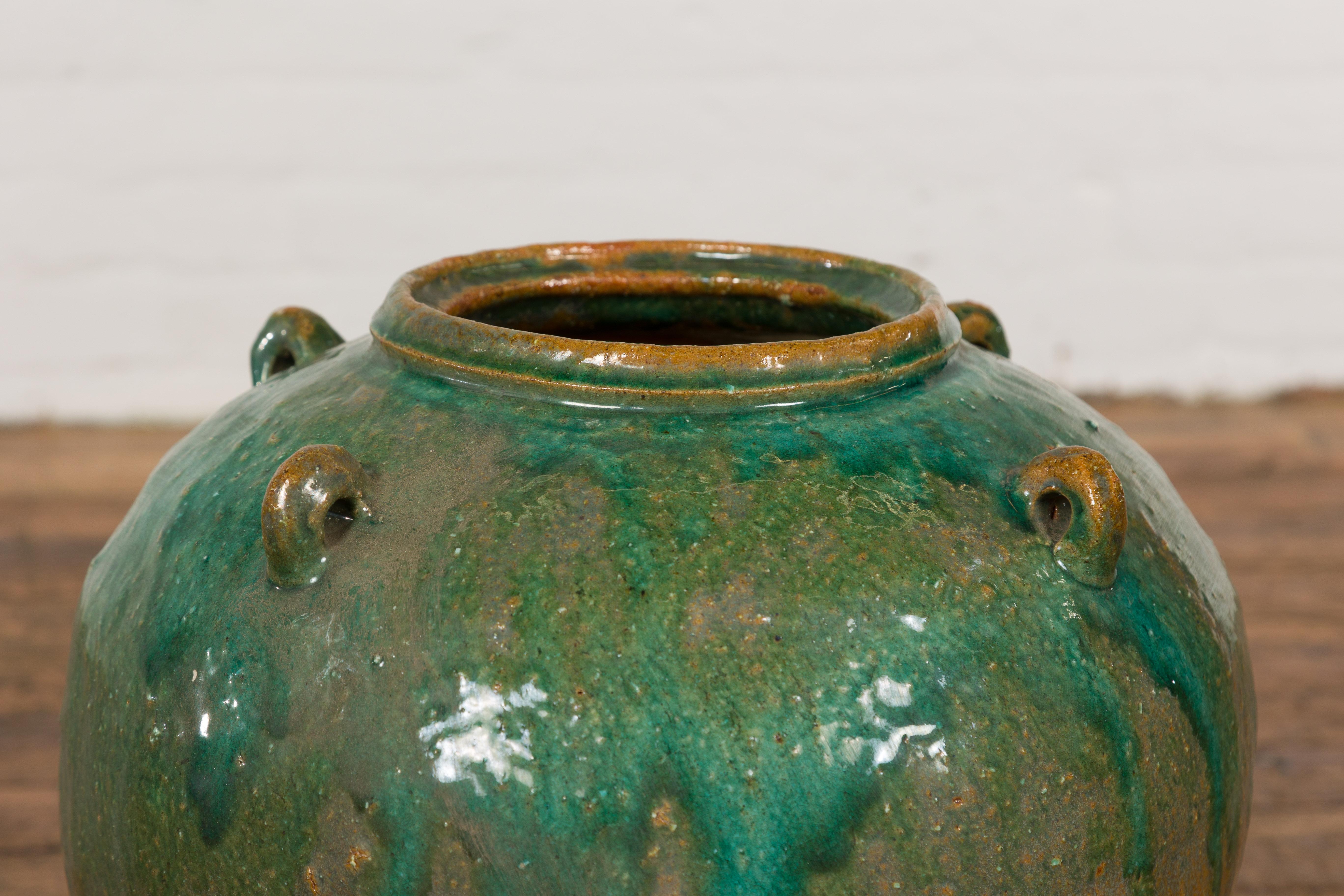 Ceramic Orange & Brown Antique Jar with Green Drips  For Sale