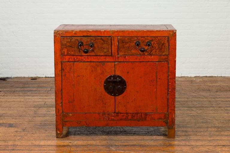 Chinese Qing Dynasty Period 19th Century Red Lacquered Small Cabinet In Good Condition For Sale In Yonkers, NY