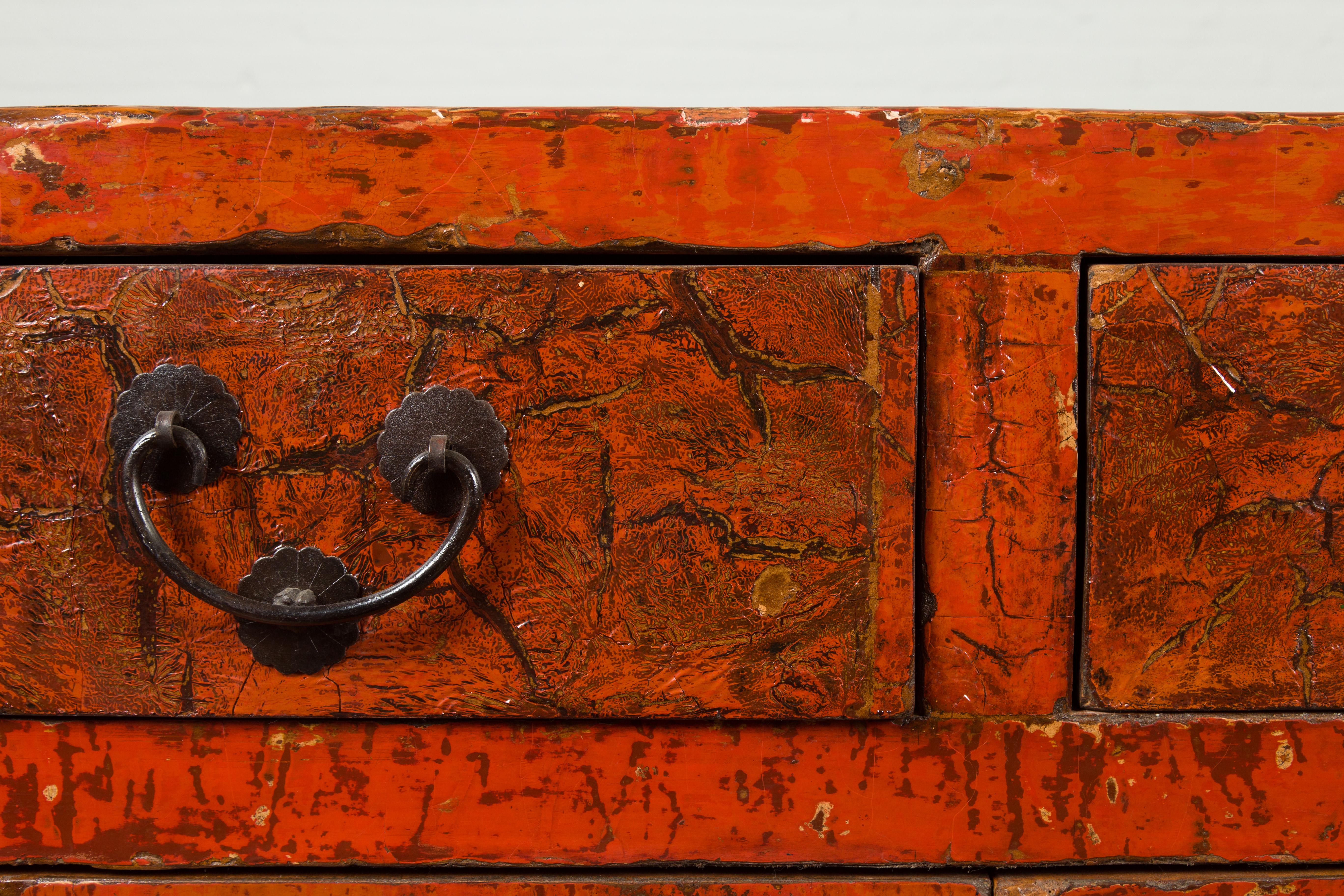 Chinese Qing Dynasty Period 19th Century Red Lacquered Small Cabinet For Sale 3