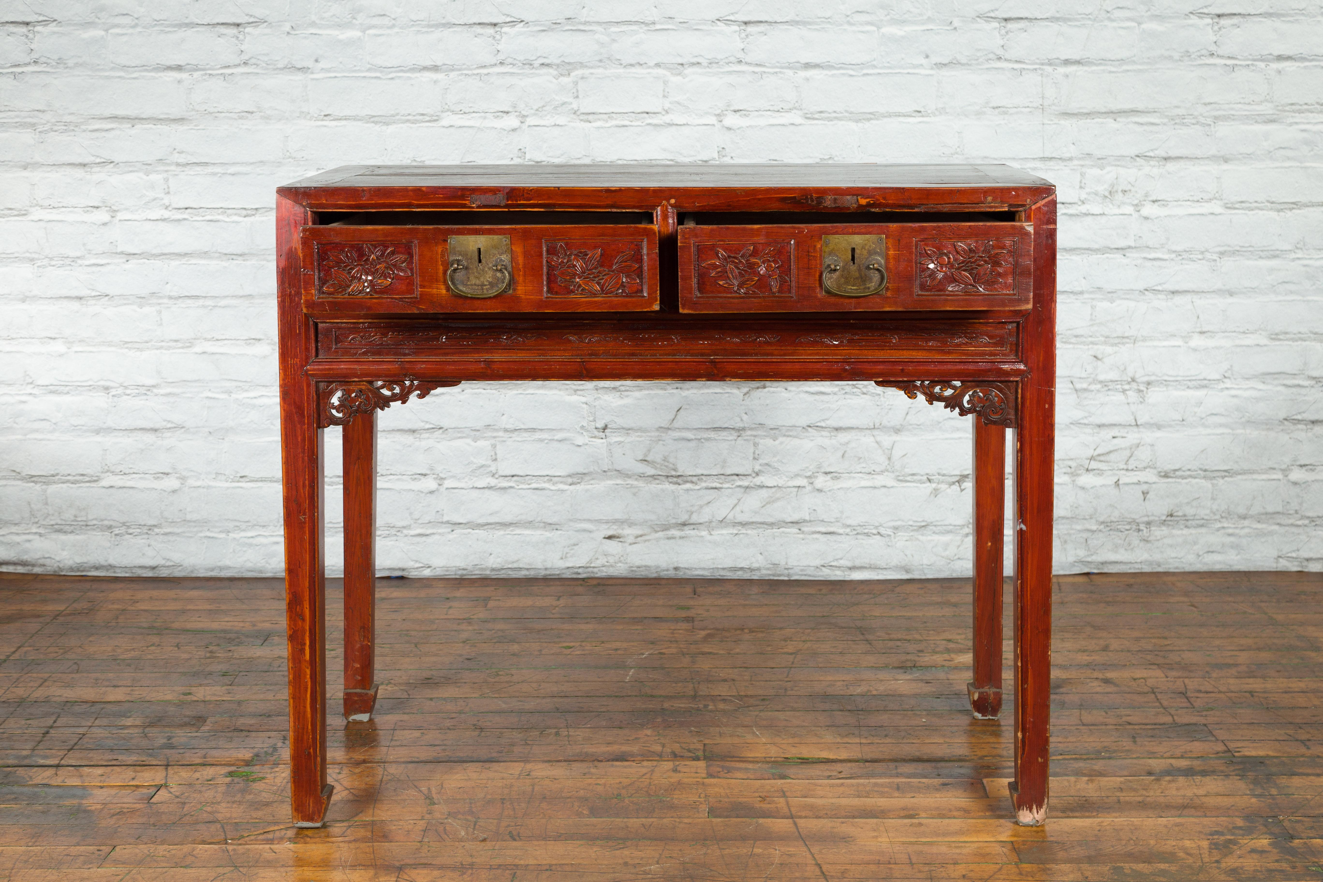 Chinese Qing Dynasty Period 19th Century Reddish Brown Table with Two Drawers For Sale 6