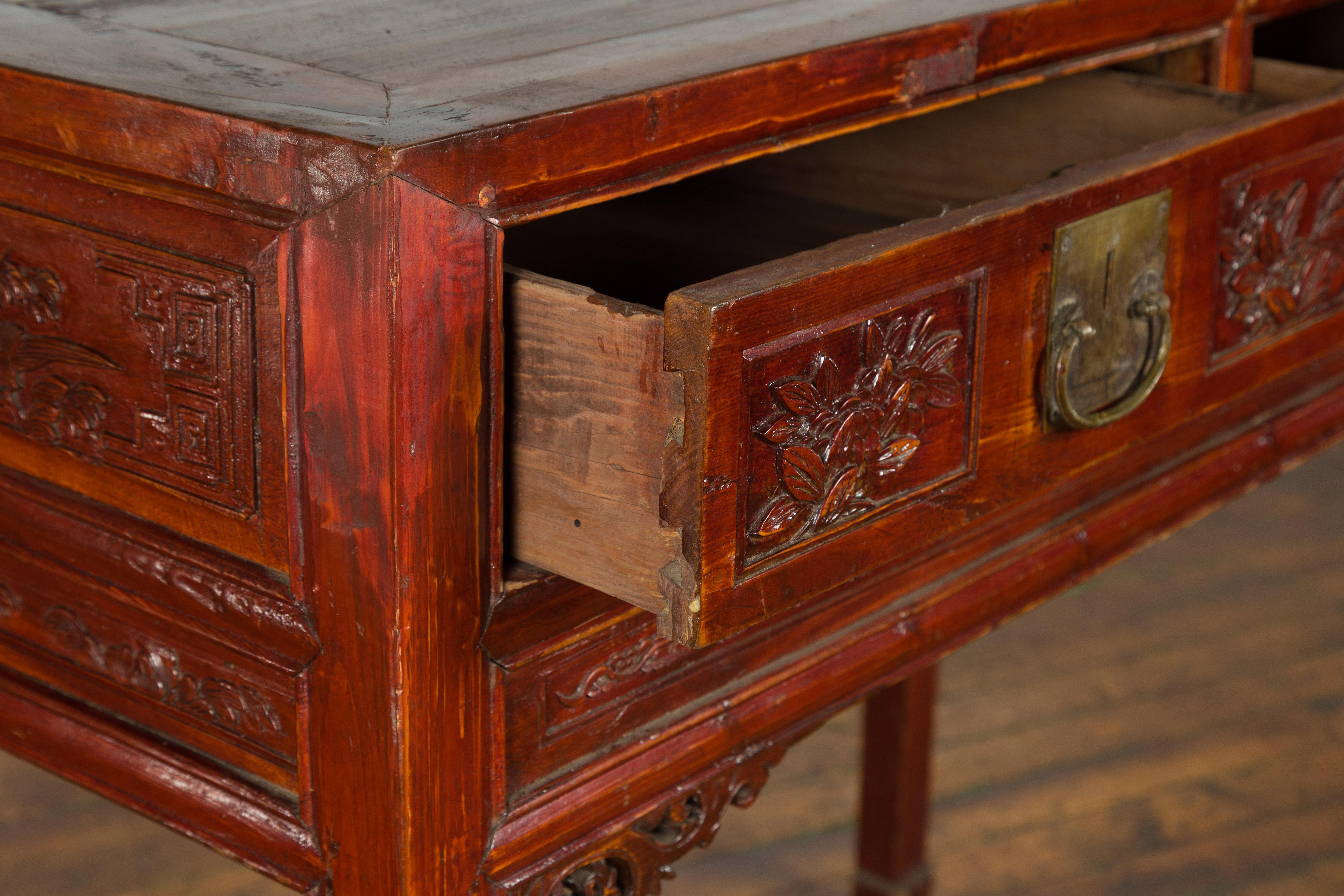 Chinese Qing Dynasty Period 19th Century Reddish Brown Table with Two Drawers For Sale 7