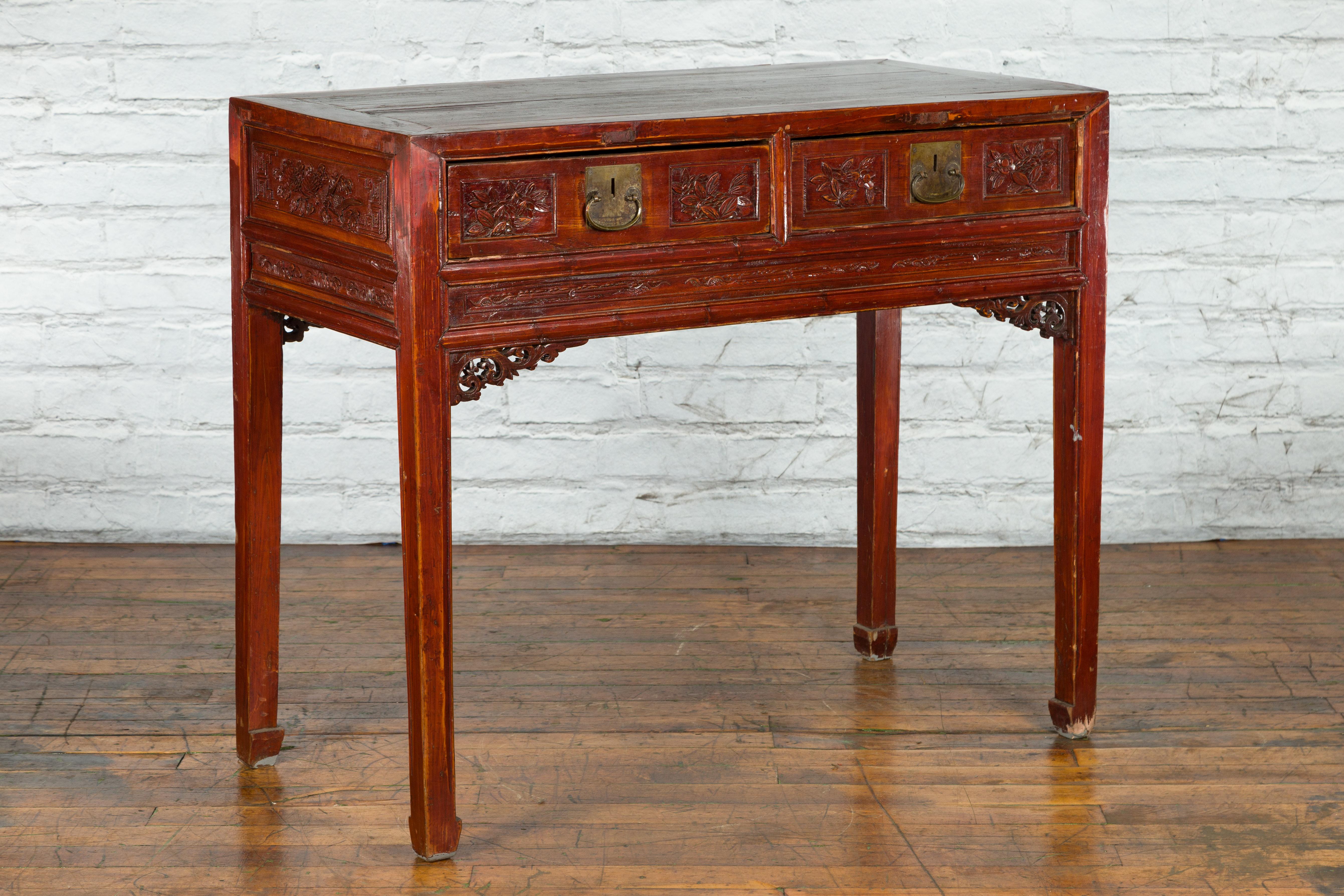 Chinese Qing Dynasty Period 19th Century Reddish Brown Table with Two Drawers For Sale 8