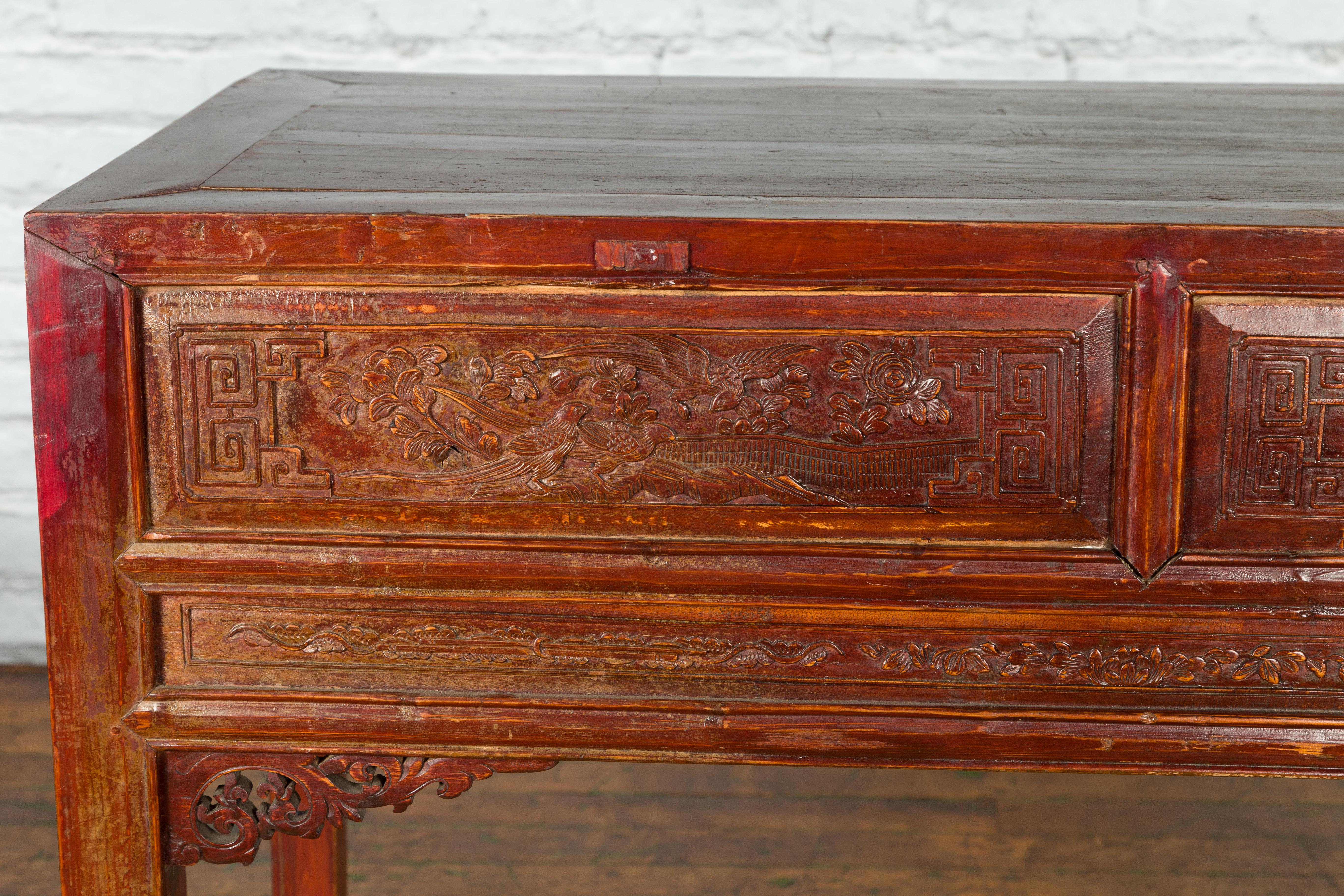 Chinese Qing Dynasty Period 19th Century Reddish Brown Table with Two Drawers For Sale 13