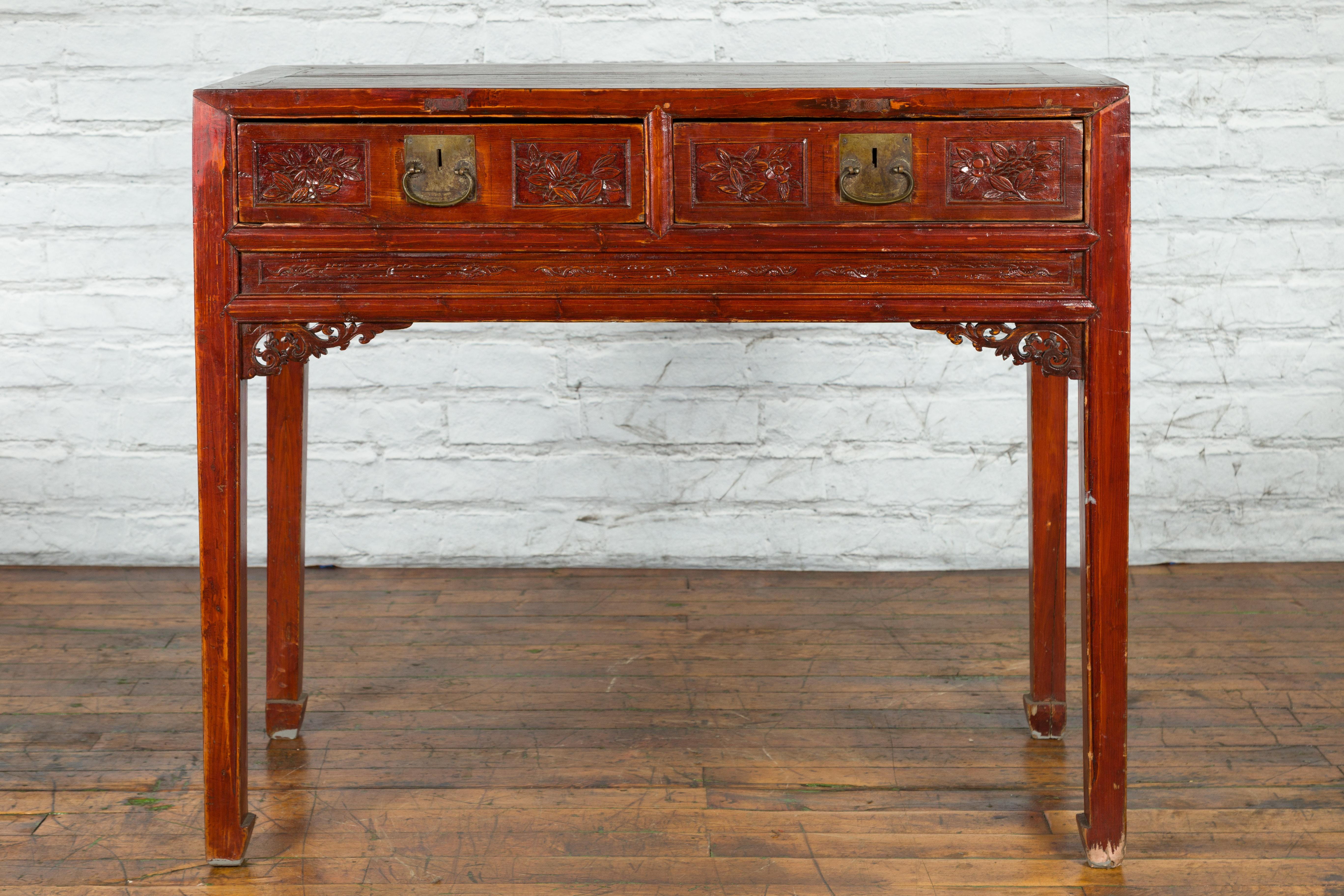 Carved Chinese Qing Dynasty Period 19th Century Reddish Brown Table with Two Drawers For Sale