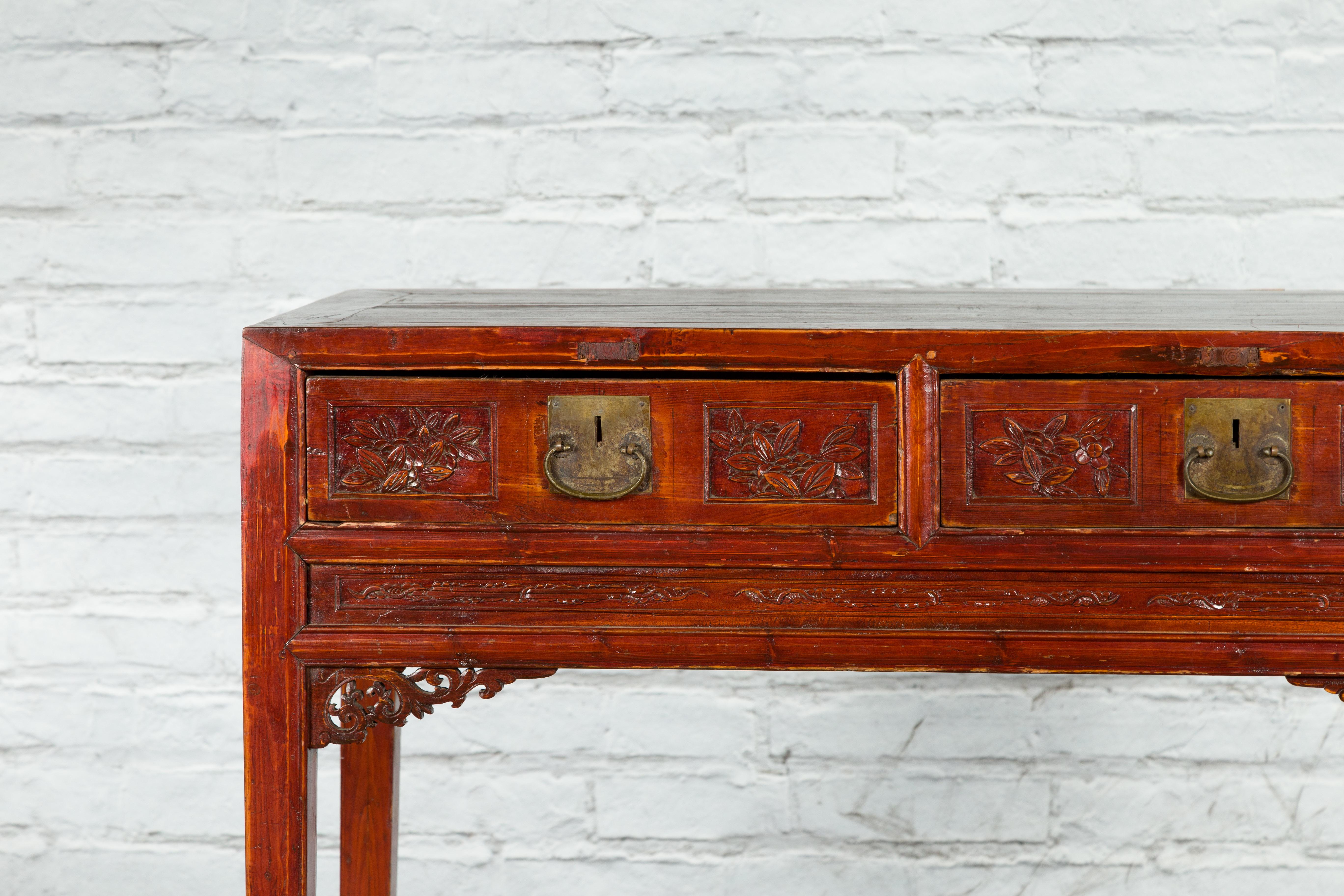 Chinese Qing Dynasty Period 19th Century Reddish Brown Table with Two Drawers In Good Condition For Sale In Yonkers, NY
