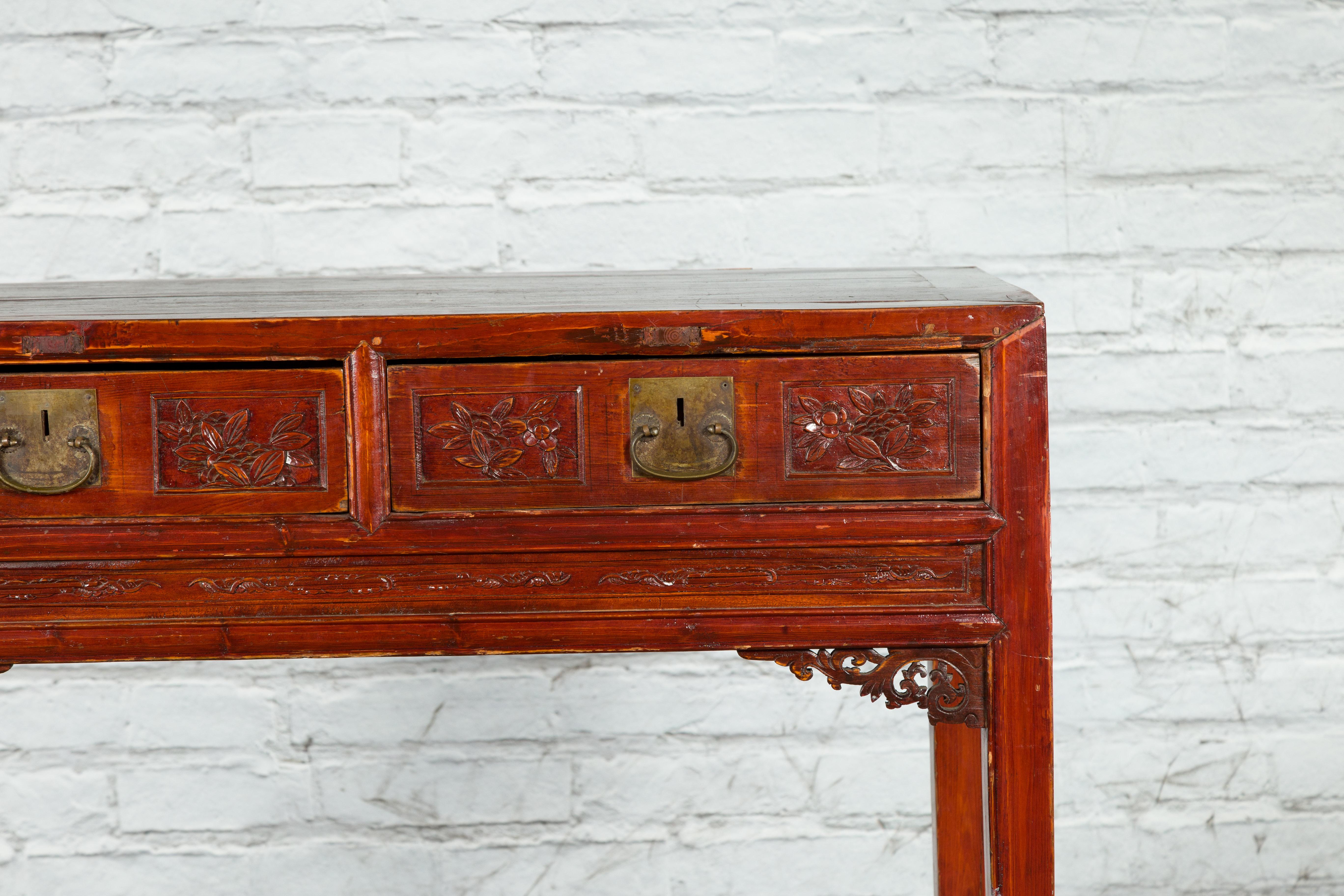 Wood Chinese Qing Dynasty Period 19th Century Reddish Brown Table with Two Drawers For Sale