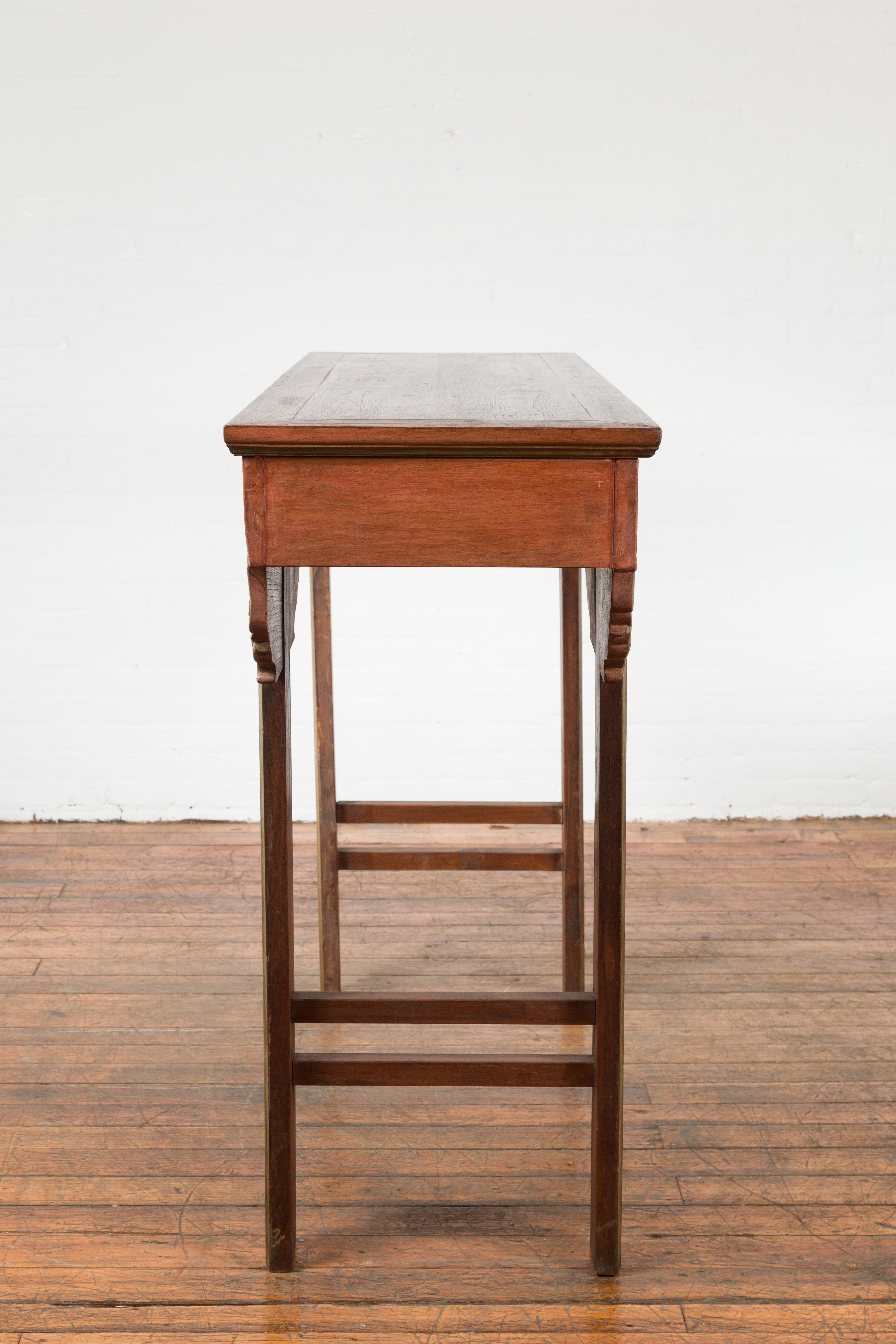 Chinese Tall Altar Console Table with Shaped Apron in Red and Green Tones For Sale