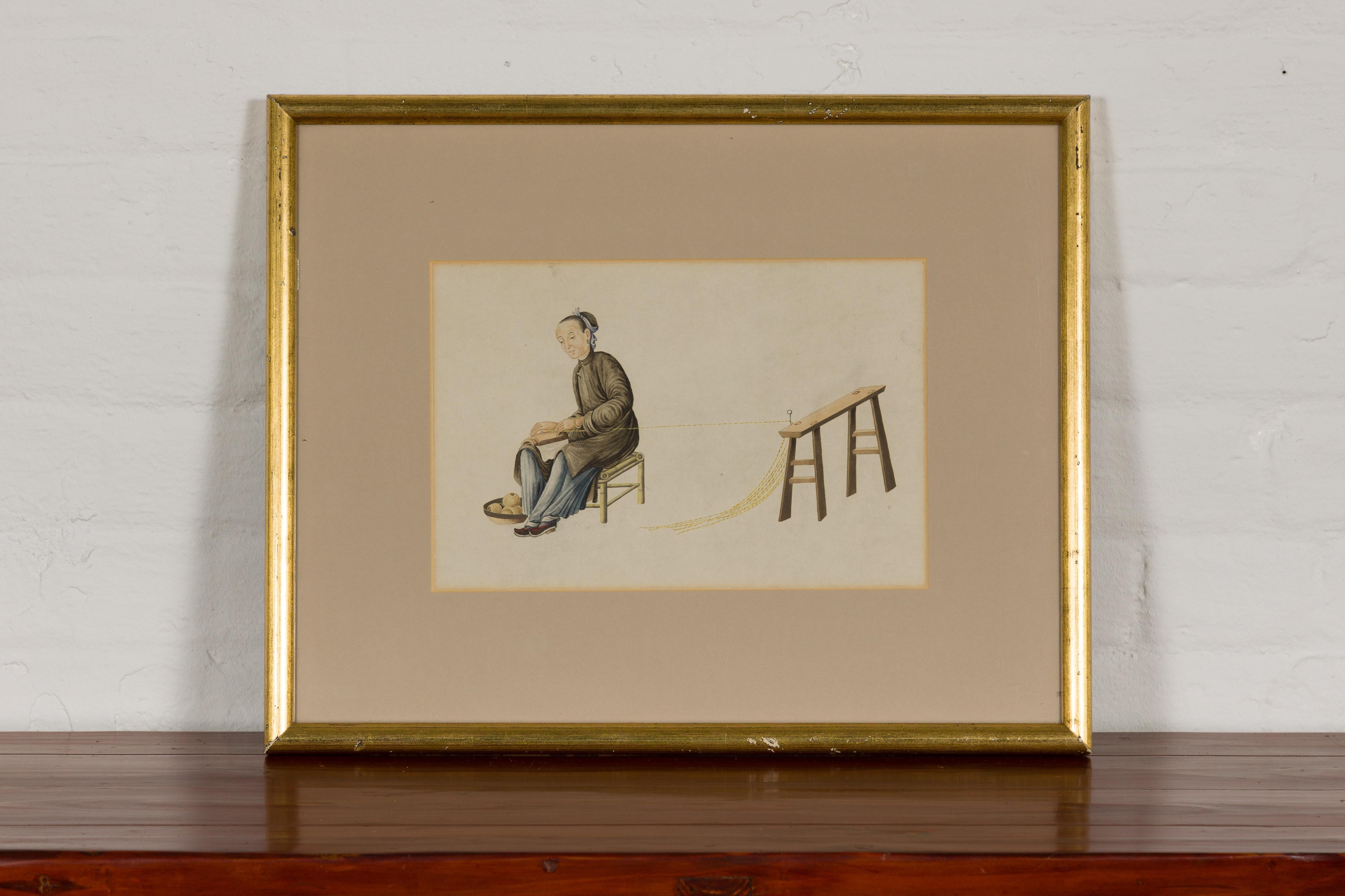 A 19th century Qing Dynasty period Chinese watercolor painting of a silk spinner in custom frame. Envelop your home with the essence of ancient Chinese culture and craftsmanship through this captivating 19th-century Chinese watercolor painting.