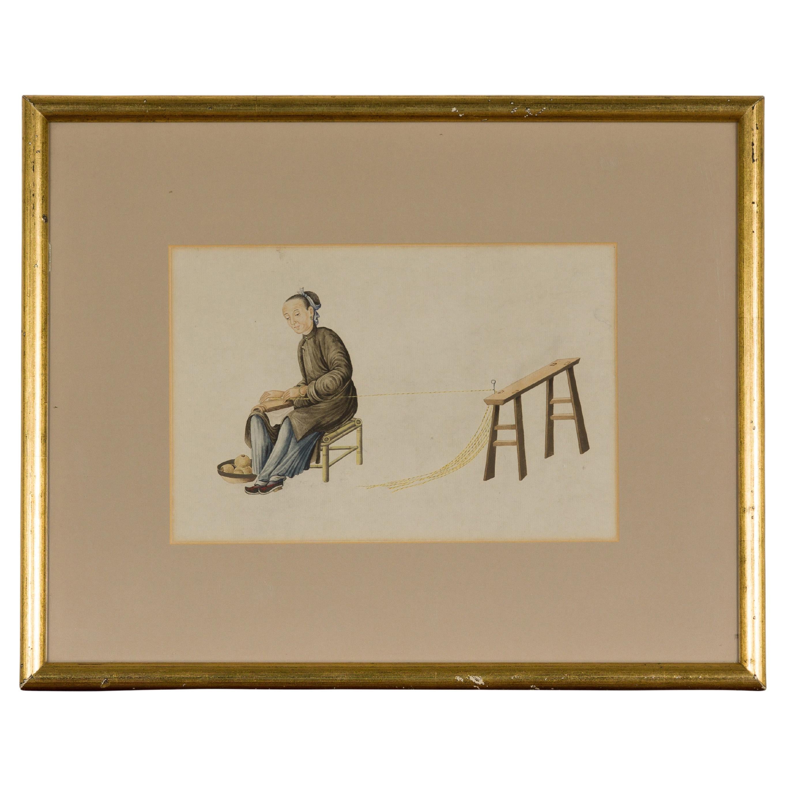 Chinese Antique Painting of a Silk Spinner For Sale
