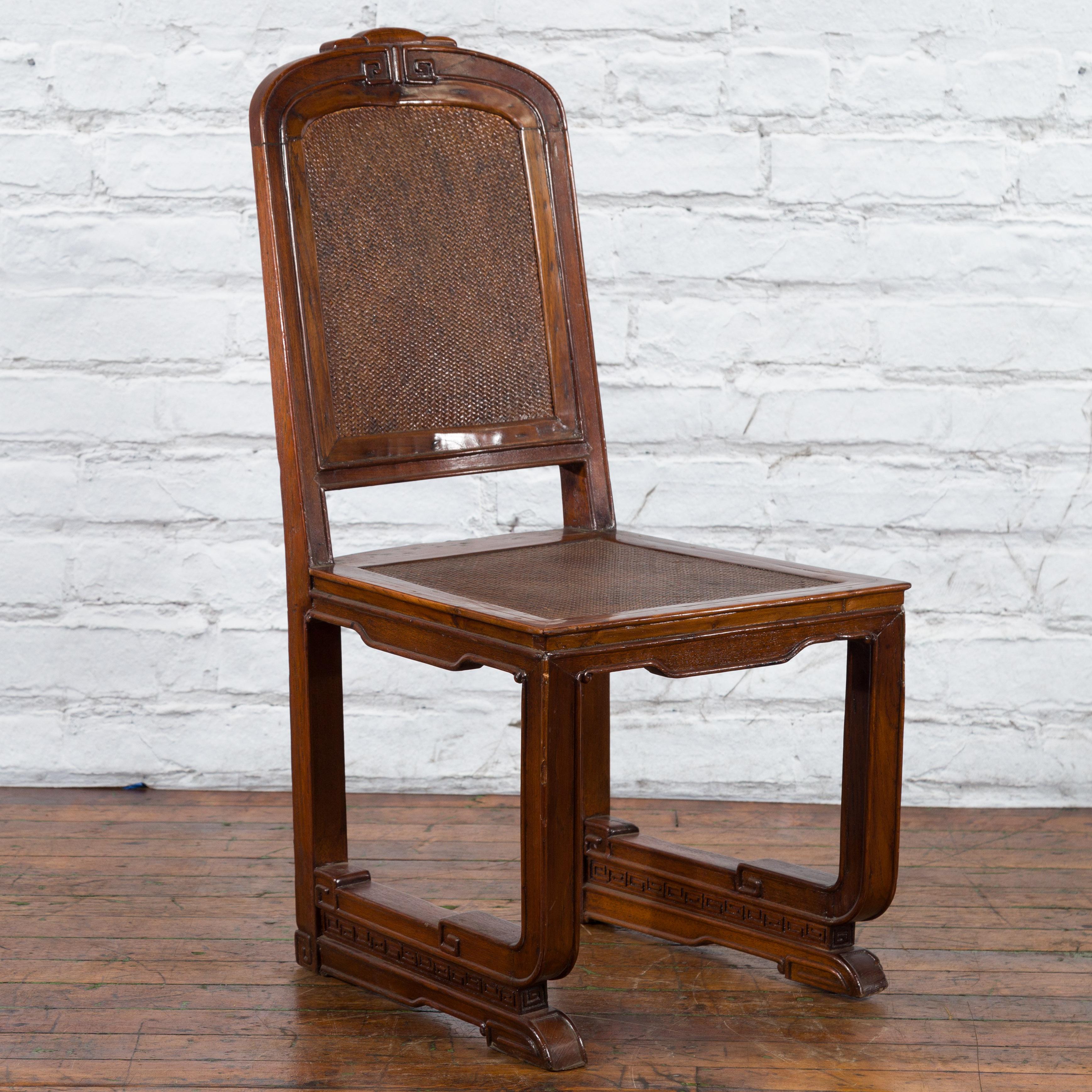 Hand-Woven Chinese Qing Dynasty Period 19th Century Wooden Side Chair with Rattan Accents For Sale