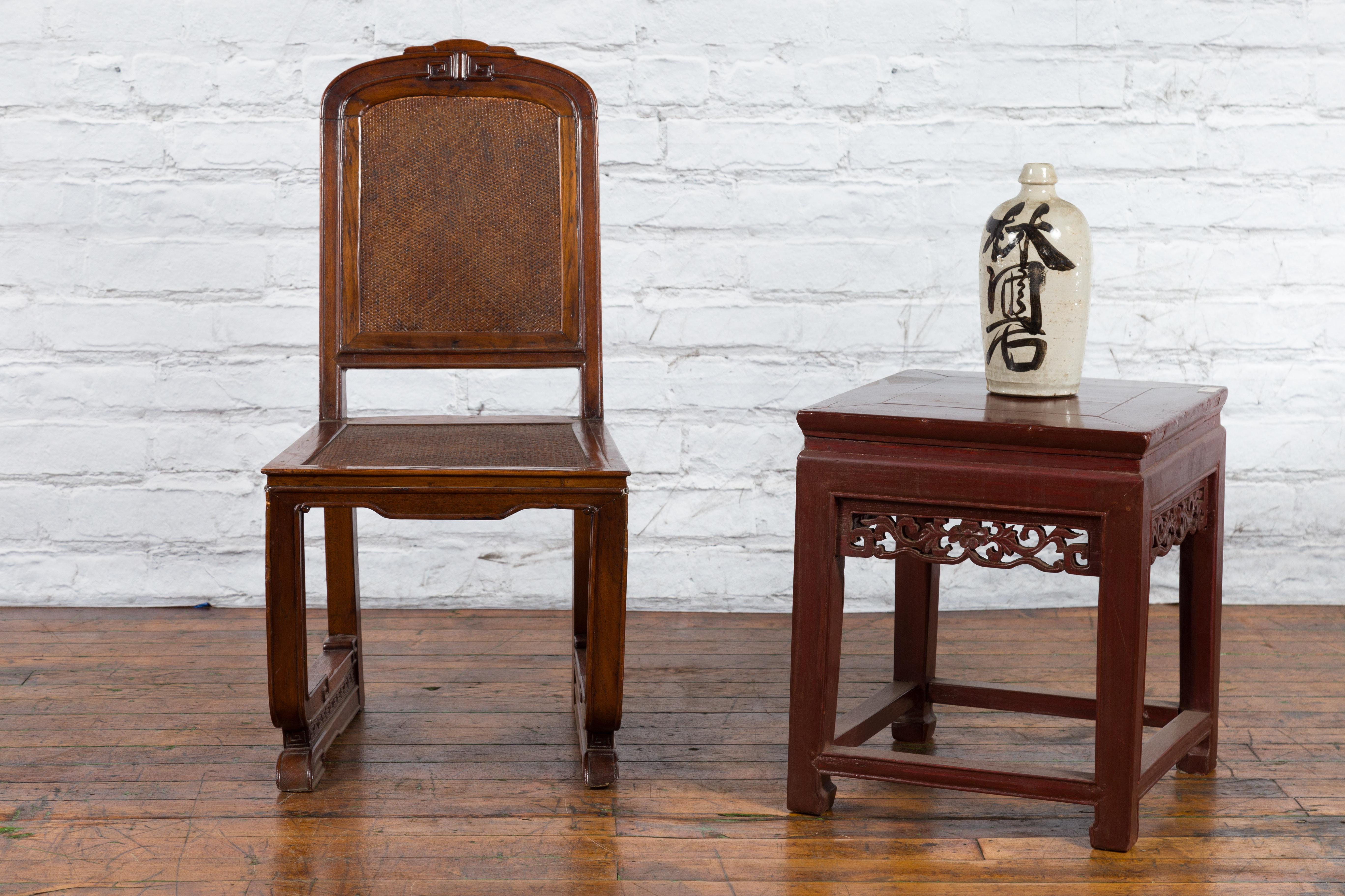 Chinese Qing Dynasty Period 19th Century Wooden Side Chair with Rattan Accents In Good Condition For Sale In Yonkers, NY