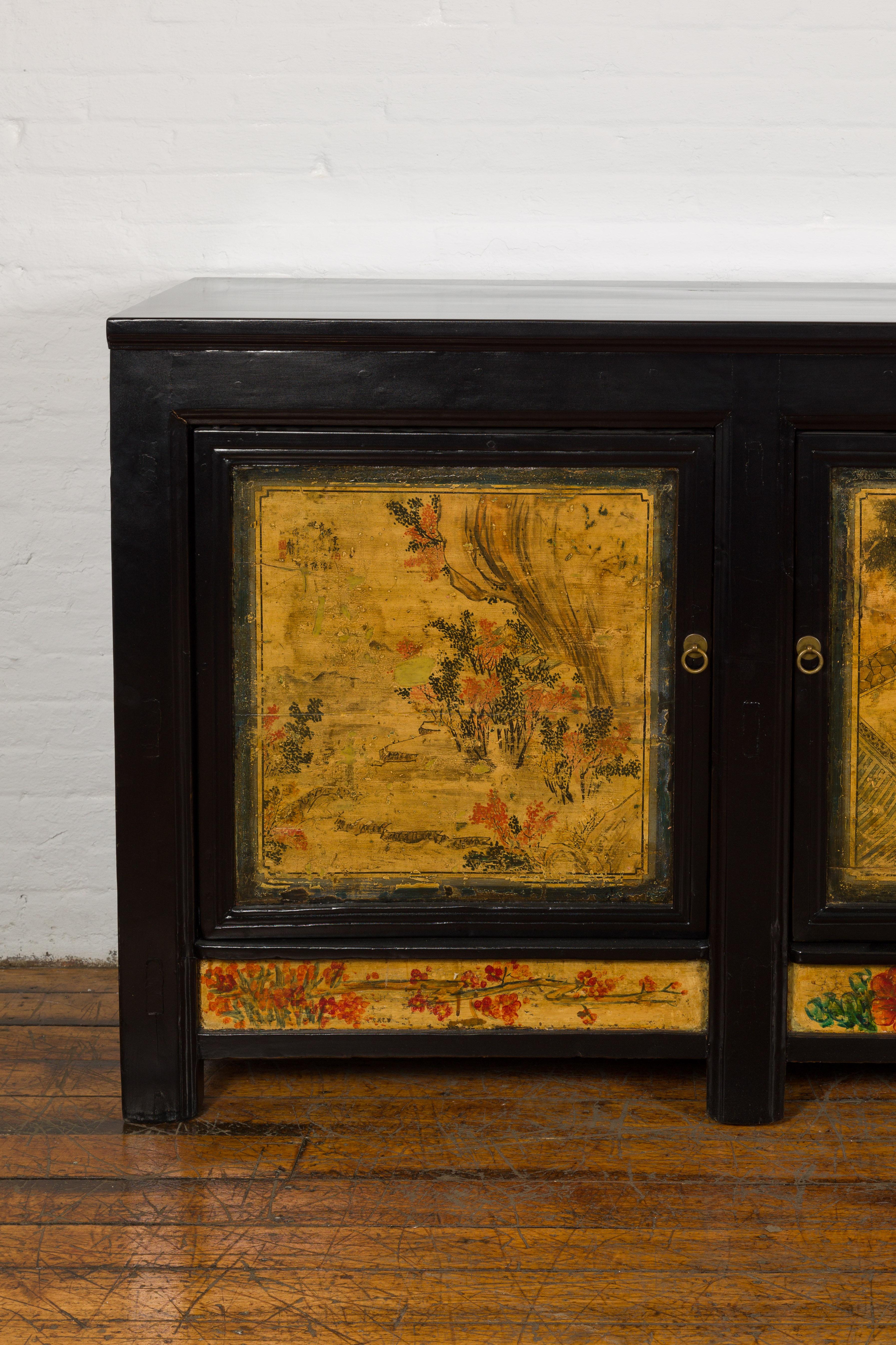 Lacquered Low Yellow and Black Cabinet with Three Door Paintings For Sale