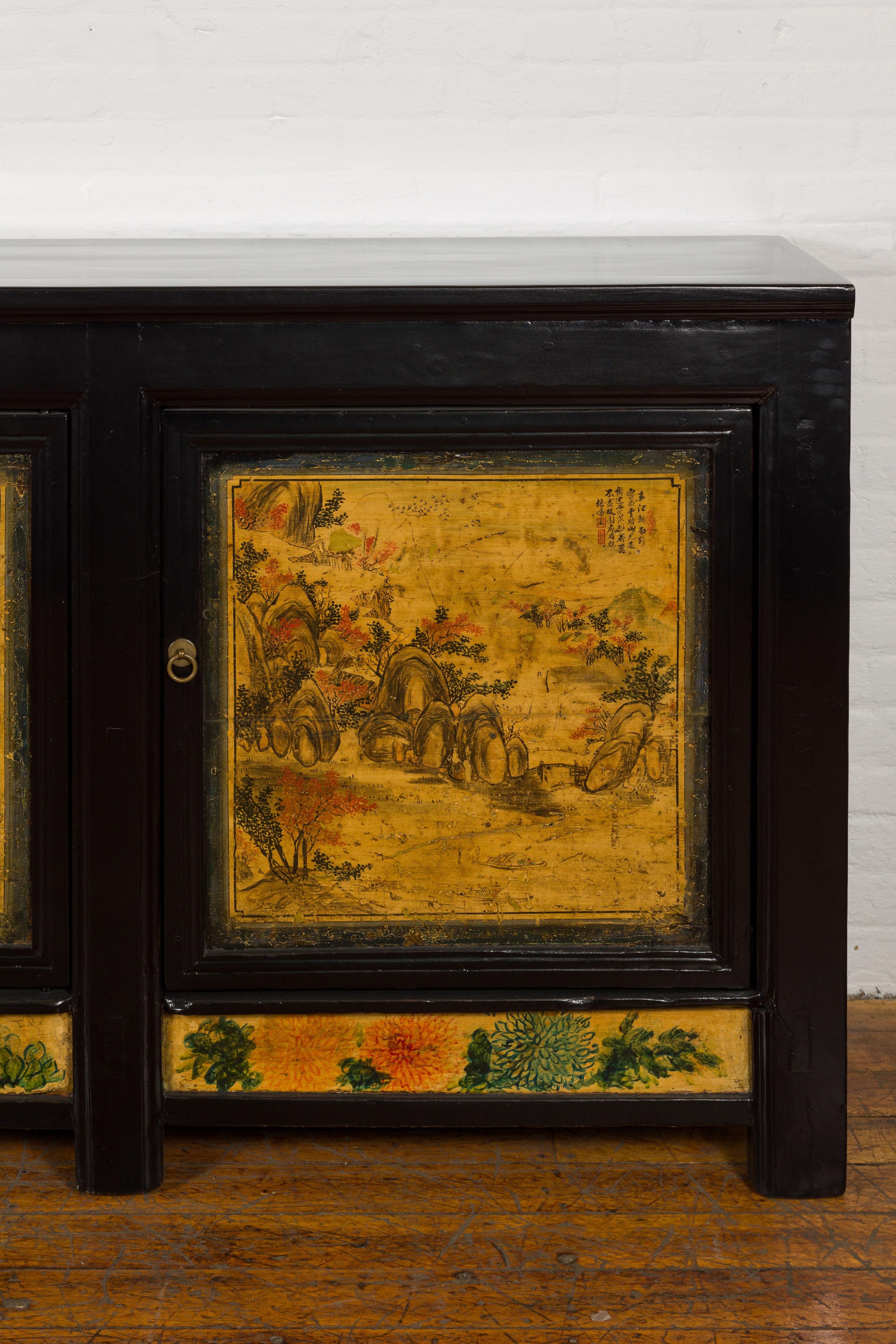 19th Century Low Yellow and Black Cabinet with Three Door Paintings For Sale