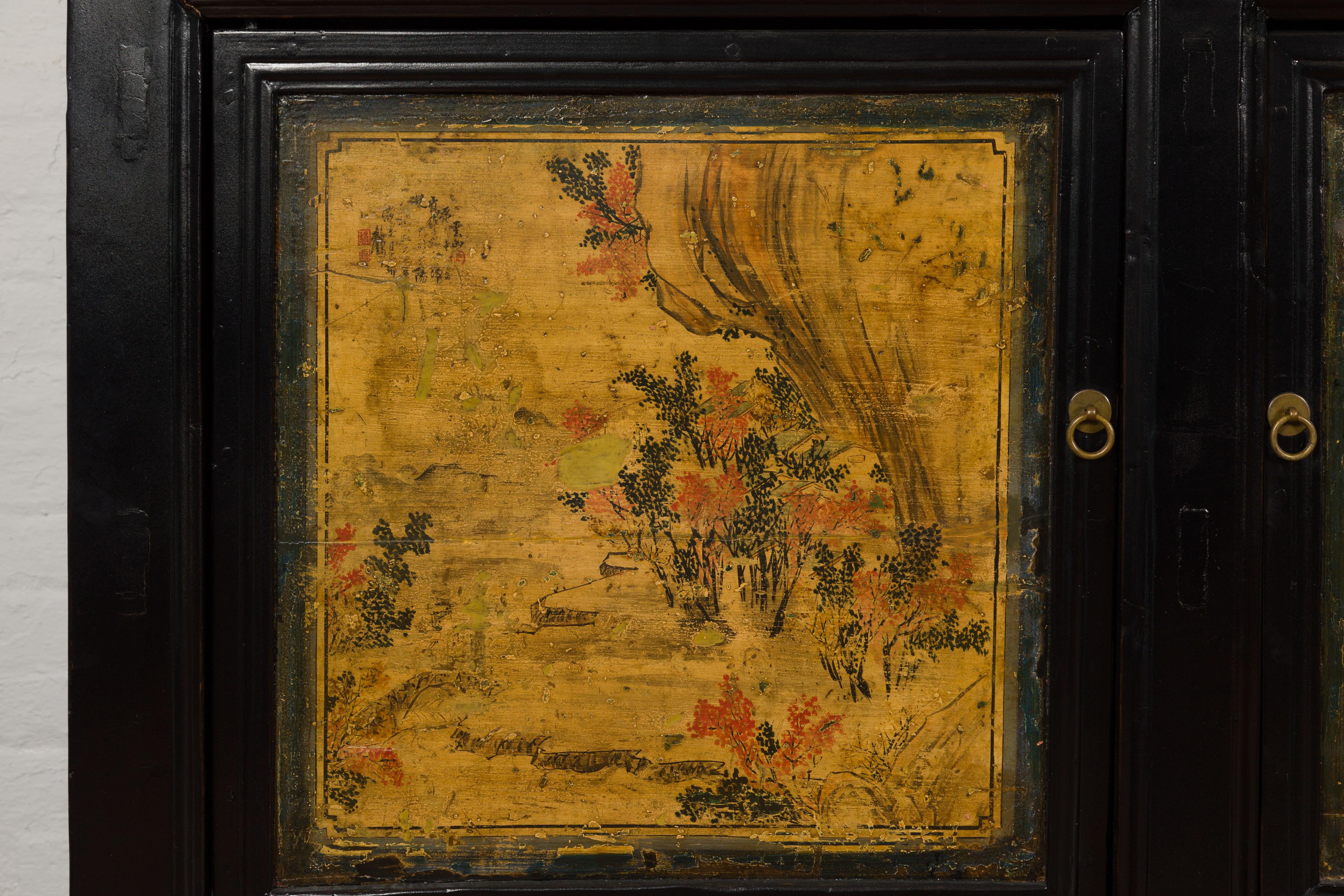 Wood Low Yellow and Black Cabinet with Three Door Paintings For Sale