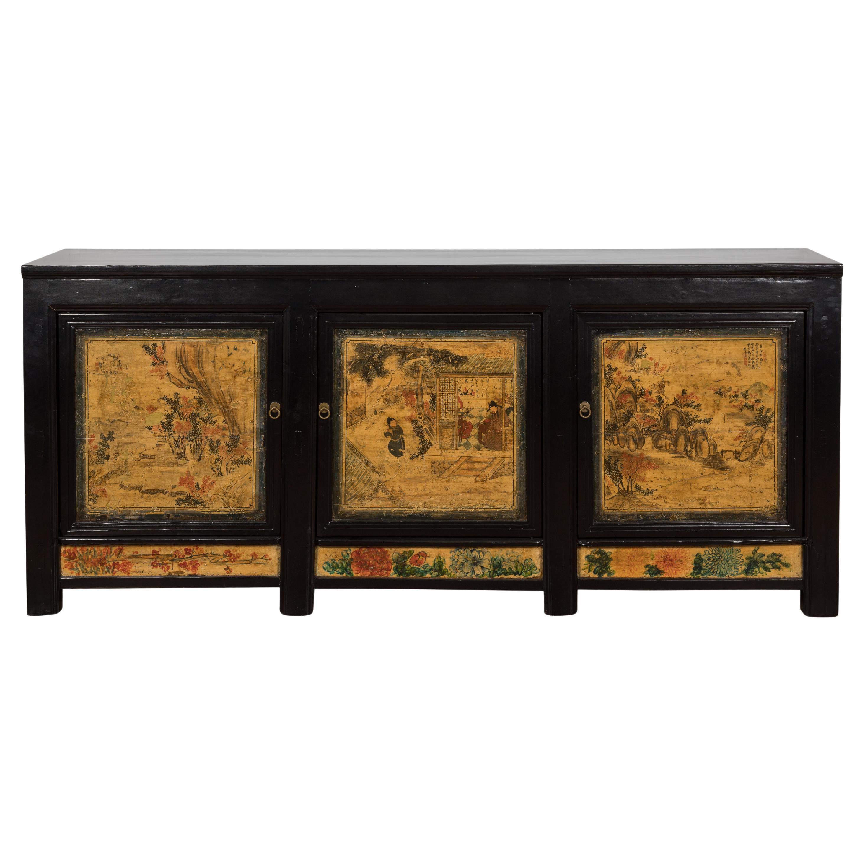 Low Yellow and Black Cabinet with Three Door Paintings For Sale