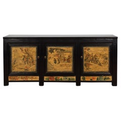 Chinese Qing Dynasty Period Black Lacquer Enfilade with Hand-Painted Scenes