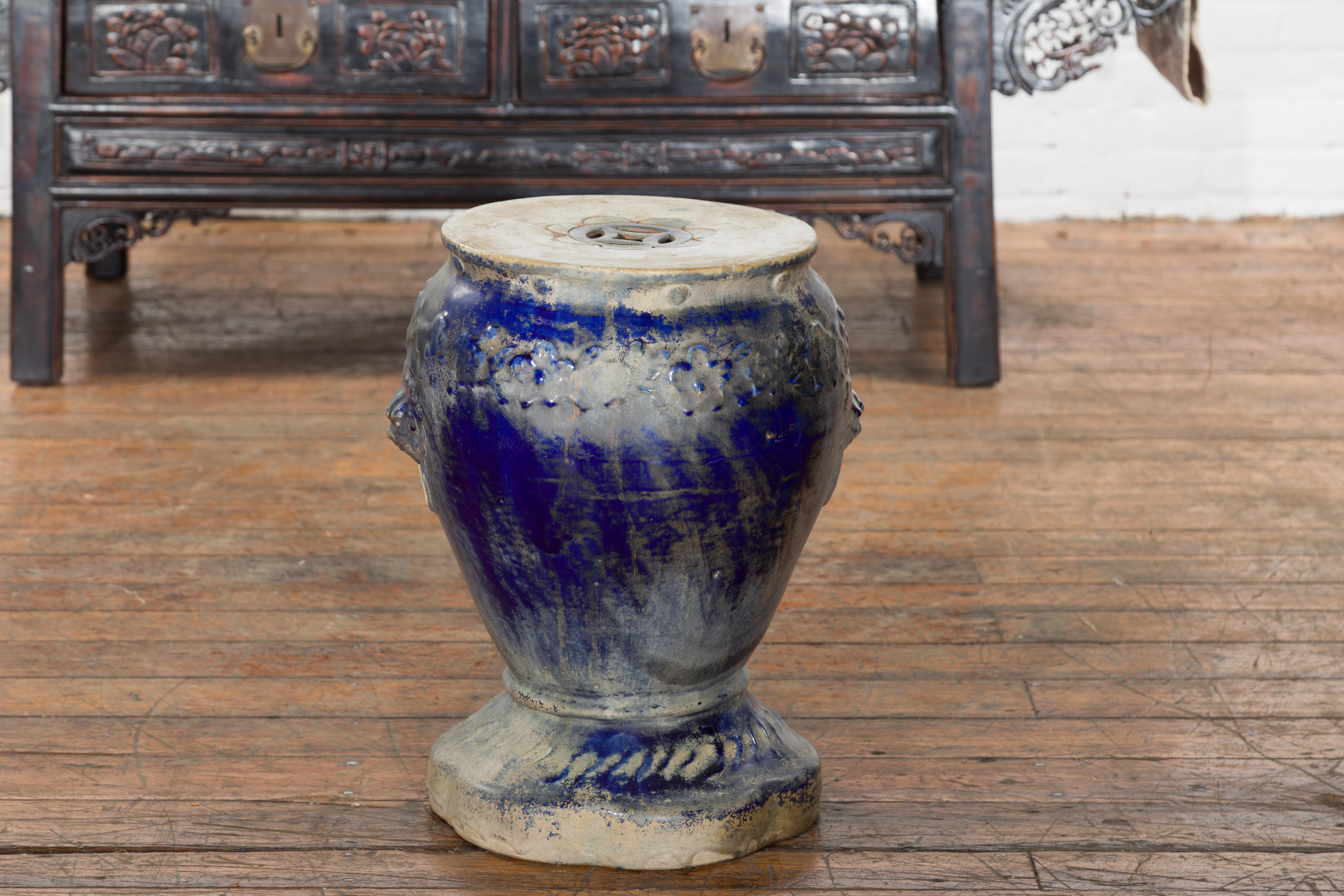 Chinese Qing Dynasty Period Blue Glazed Garden Seat with Floral Motifs on Base In Good Condition For Sale In Yonkers, NY