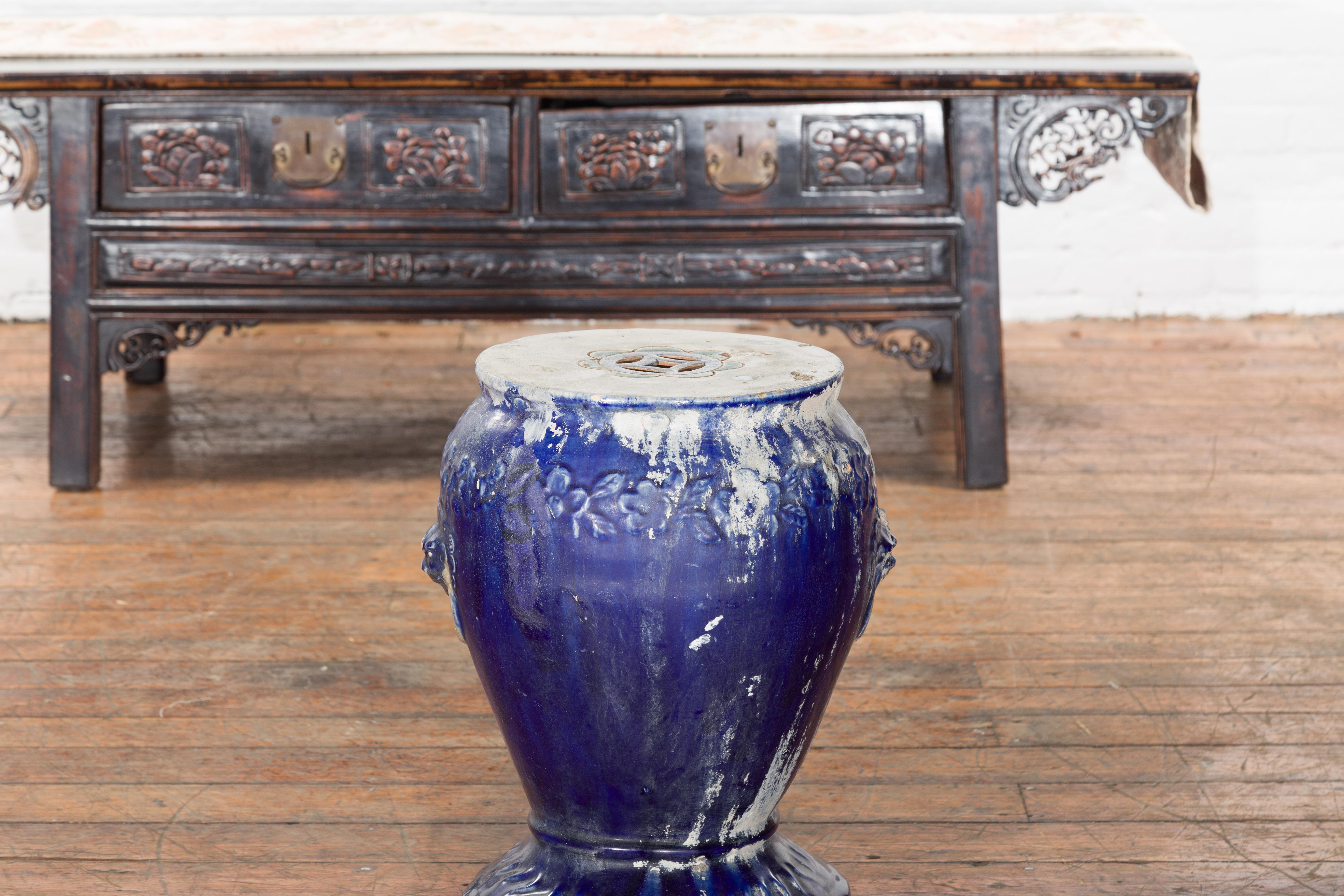 Chinese Qing Dynasty Period Blue Glazed Garden Seat with Floral Motifs on Base For Sale 1