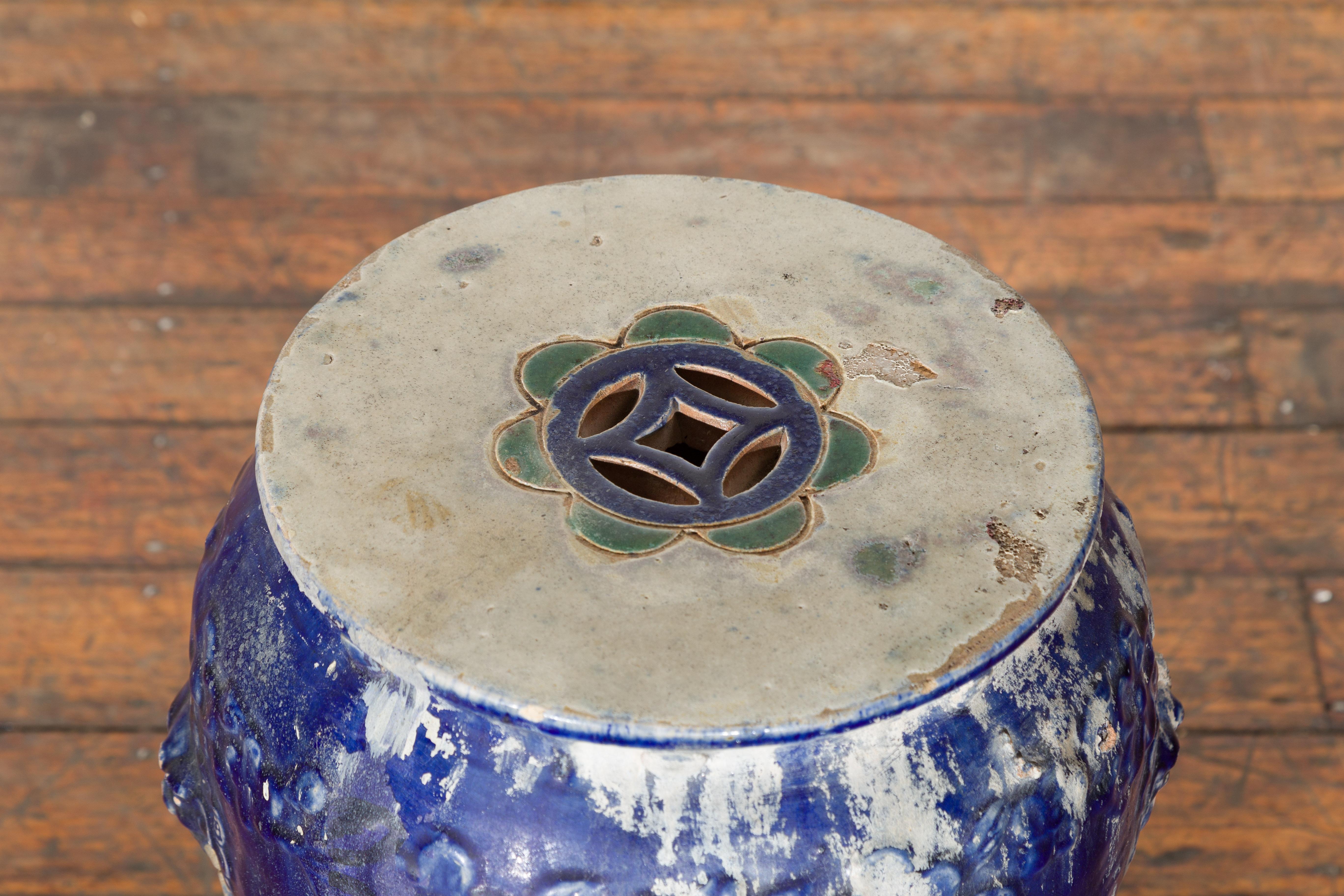 Chinese Qing Dynasty Period Blue Glazed Garden Seat with Floral Motifs on Base For Sale 2