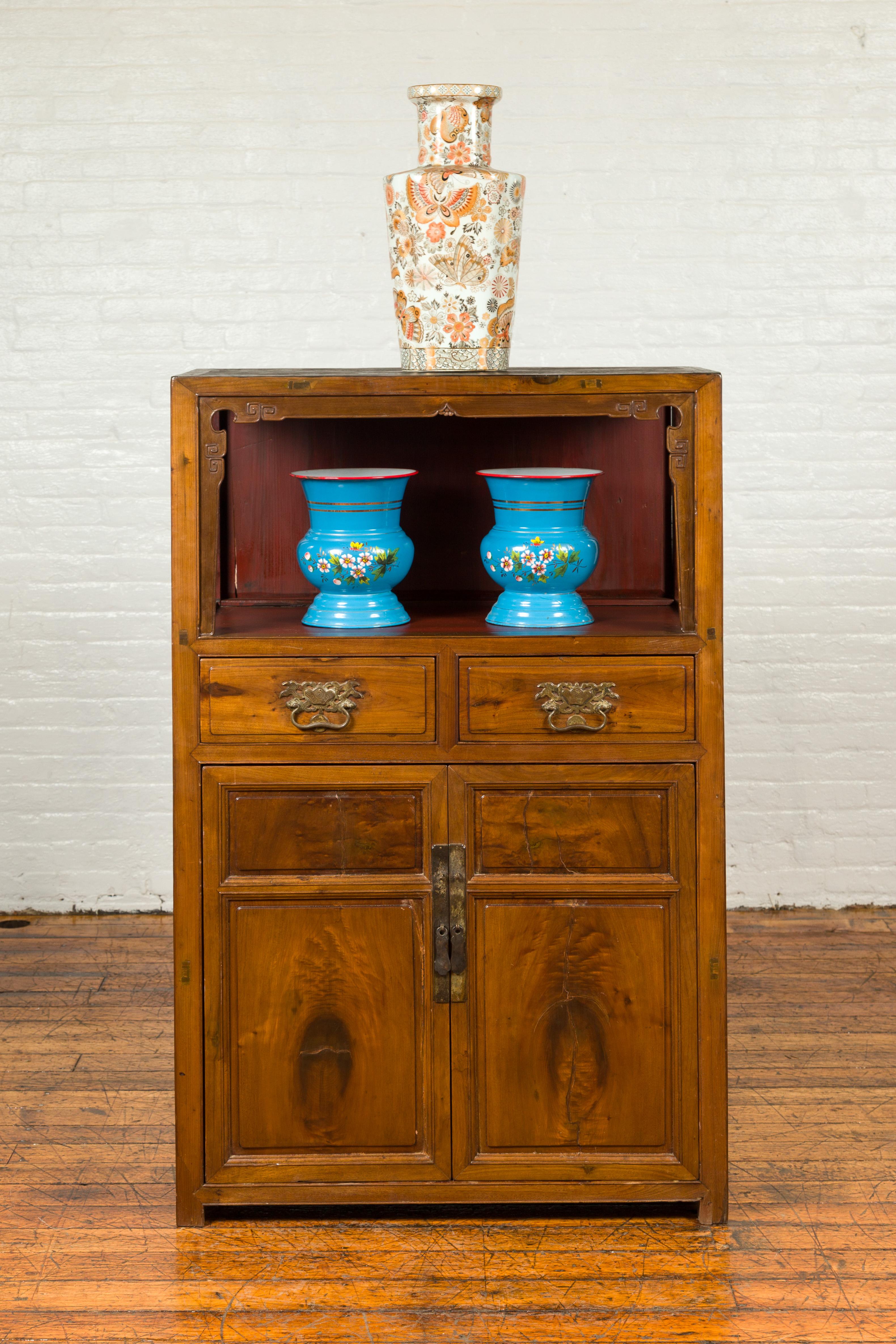 19th Century Chinese Qing Dynasty Period Bookcase with Open Shelf and Drawers over Doors 