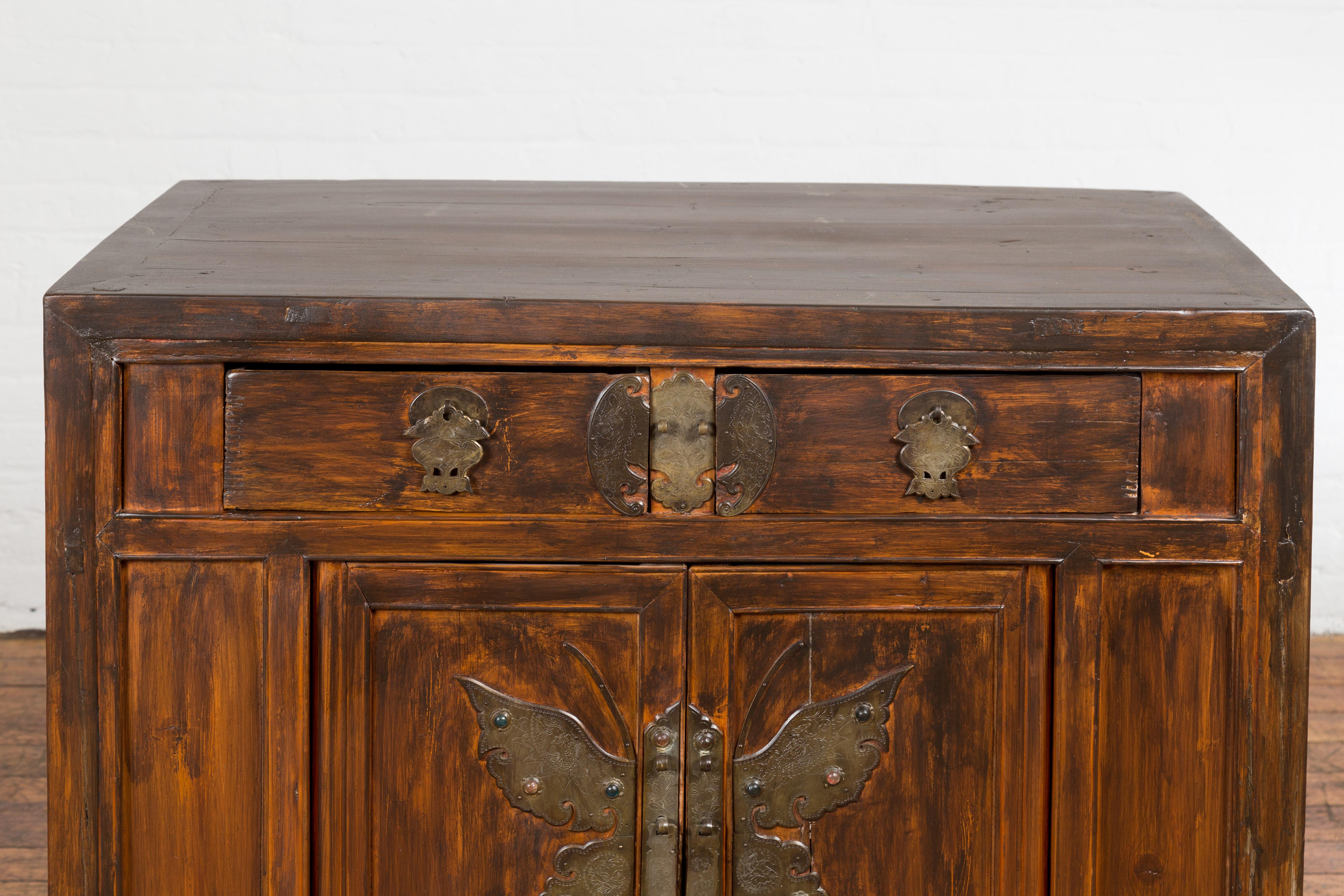 Qing Antique Side Cabinet with Large Butterfly on Doors For Sale