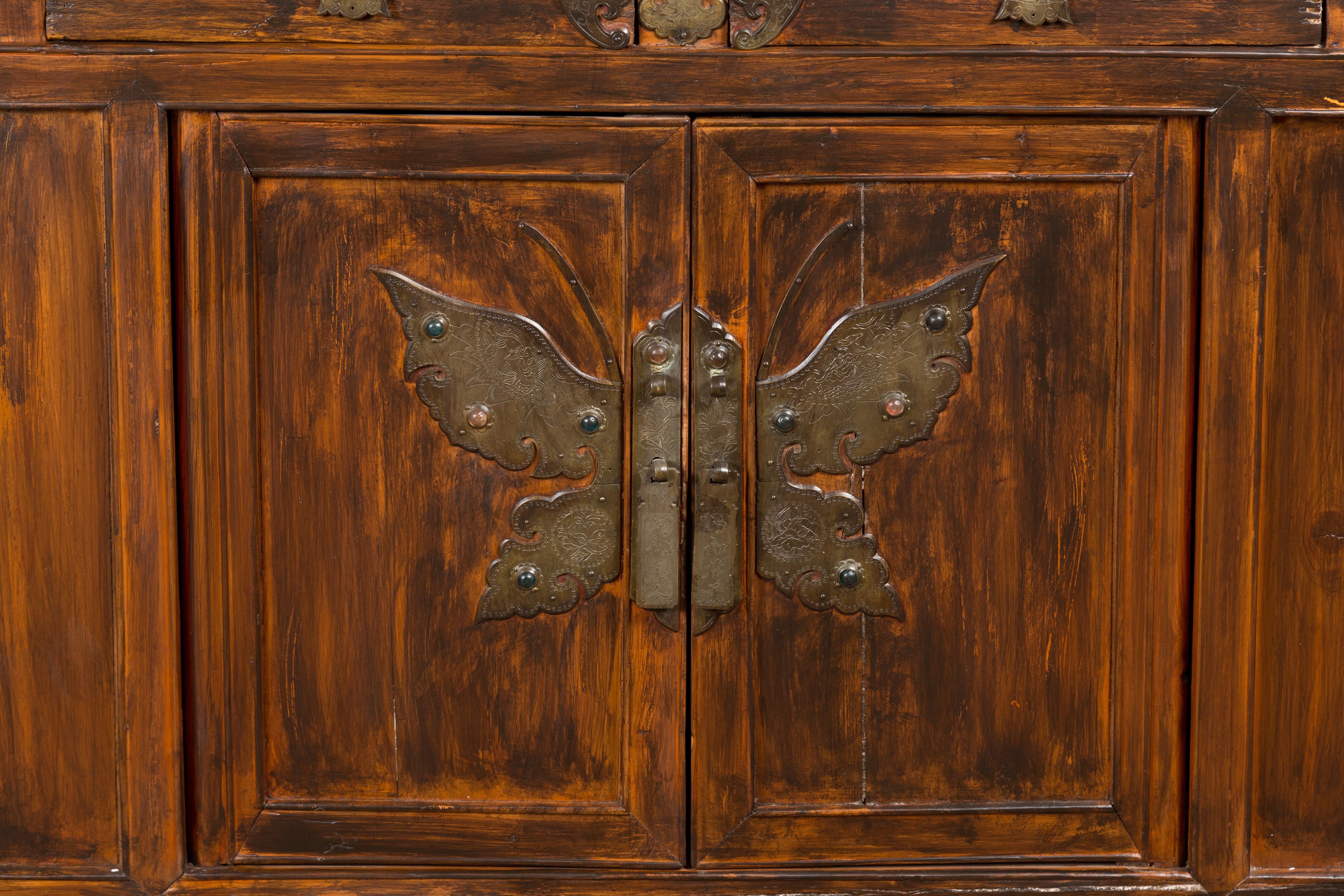Chinese Antique Side Cabinet with Large Butterfly on Doors For Sale