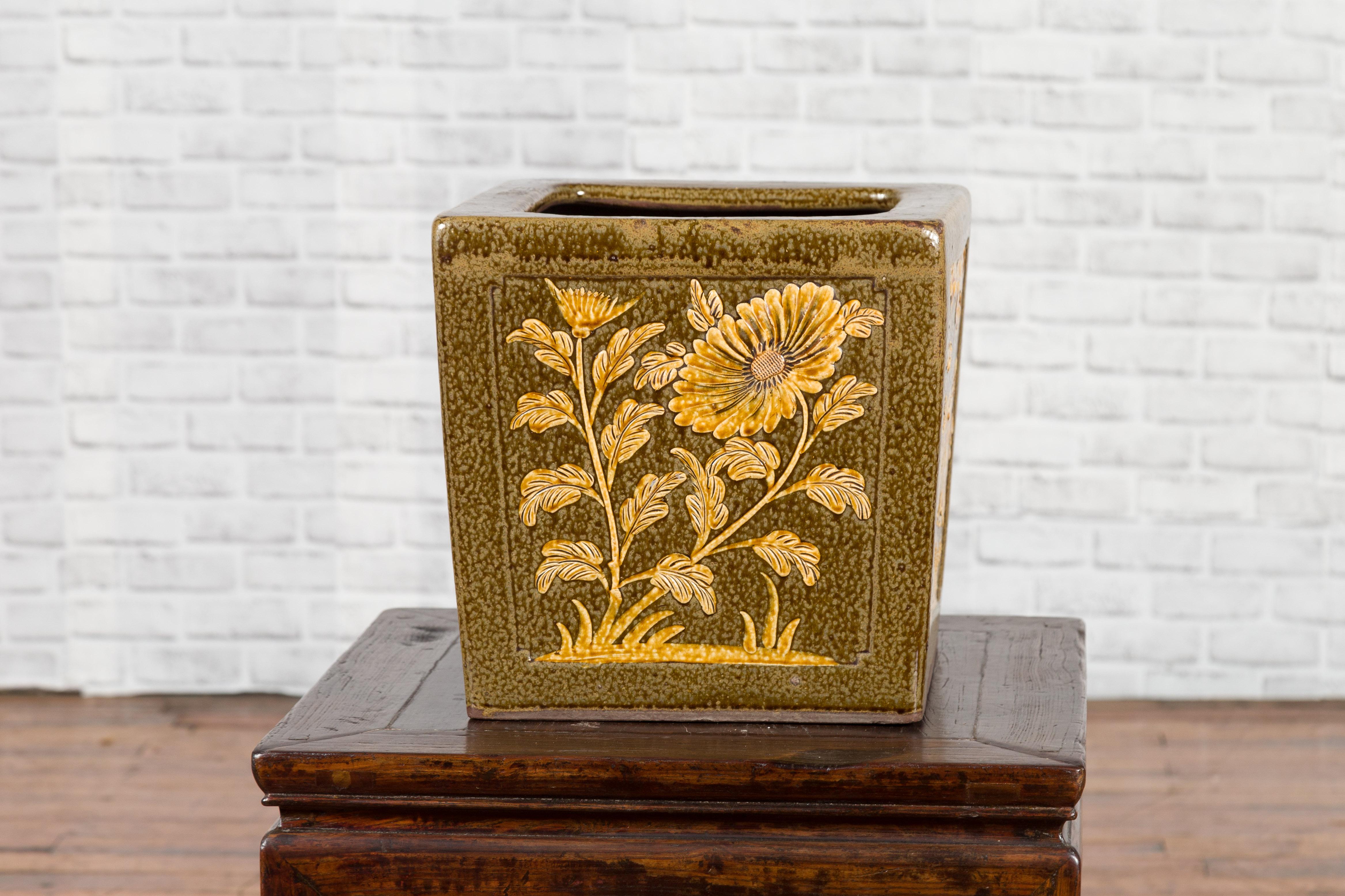 Chinese Qing Dynasty Period Brown Square Planter with Rabbits, Flowers and Birds 4