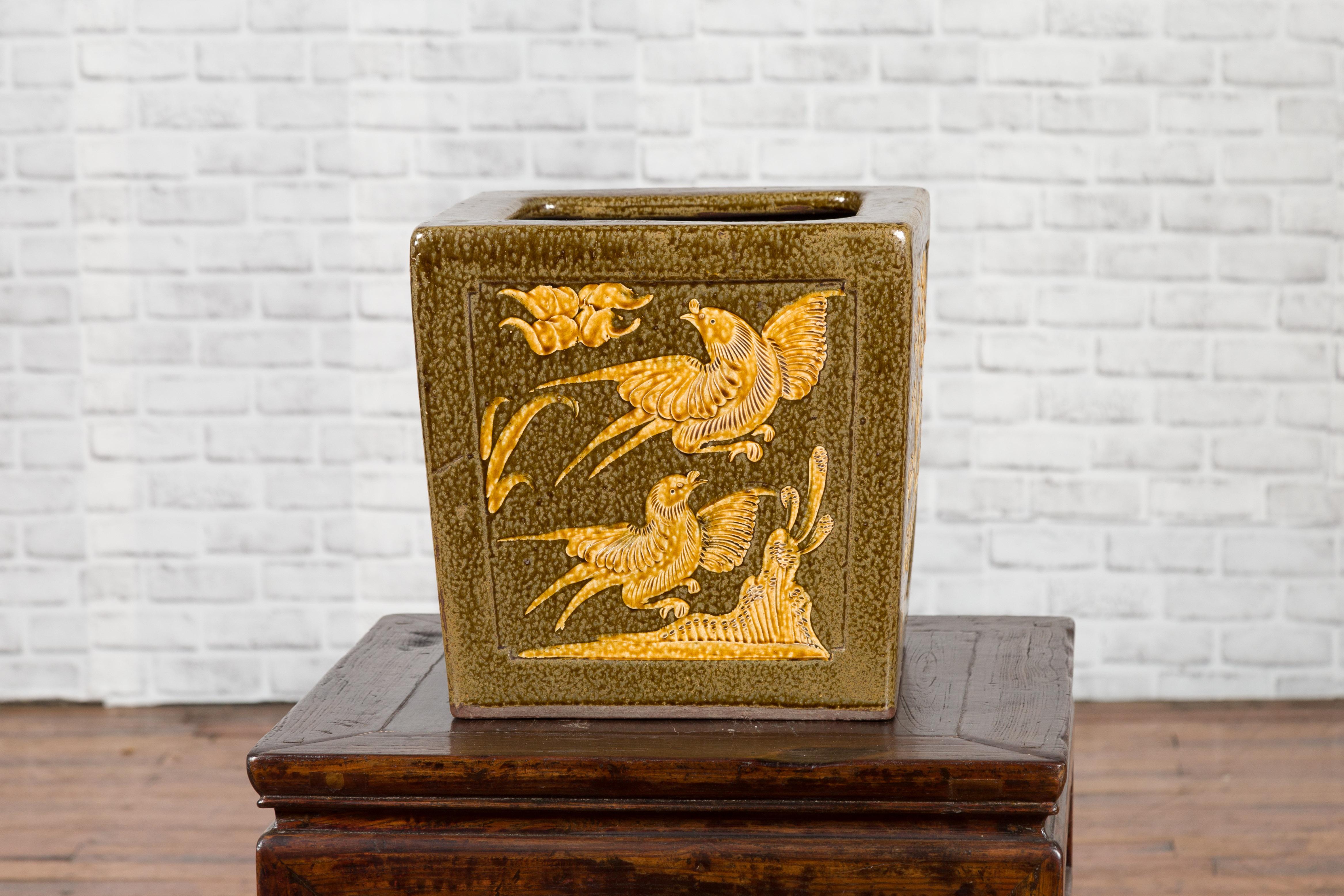 Chinese Qing Dynasty Period Brown Square Planter with Rabbits, Flowers and Birds For Sale 5