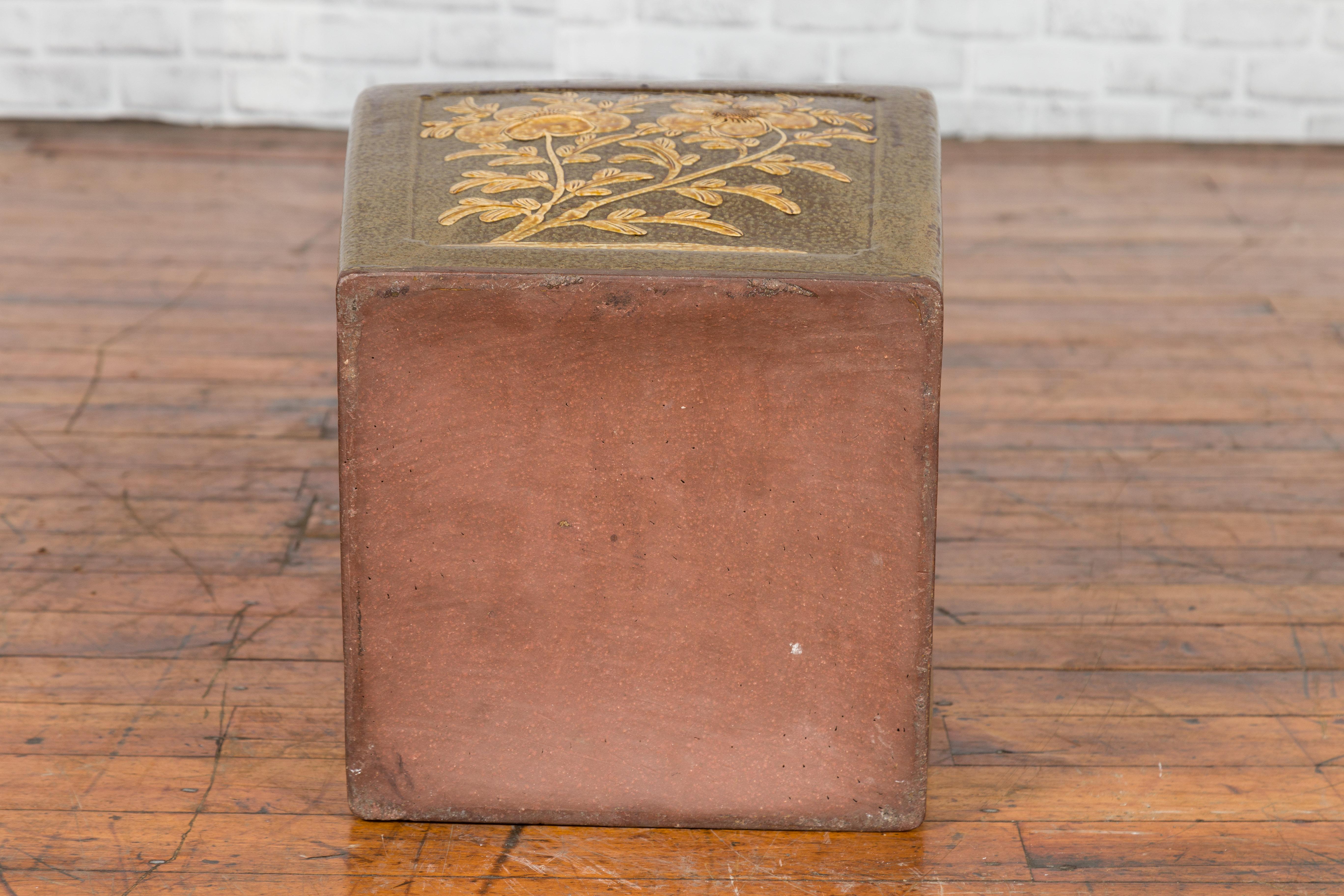Chinese Qing Dynasty Period Brown Square Planter with Rabbits, Flowers and Birds For Sale 6